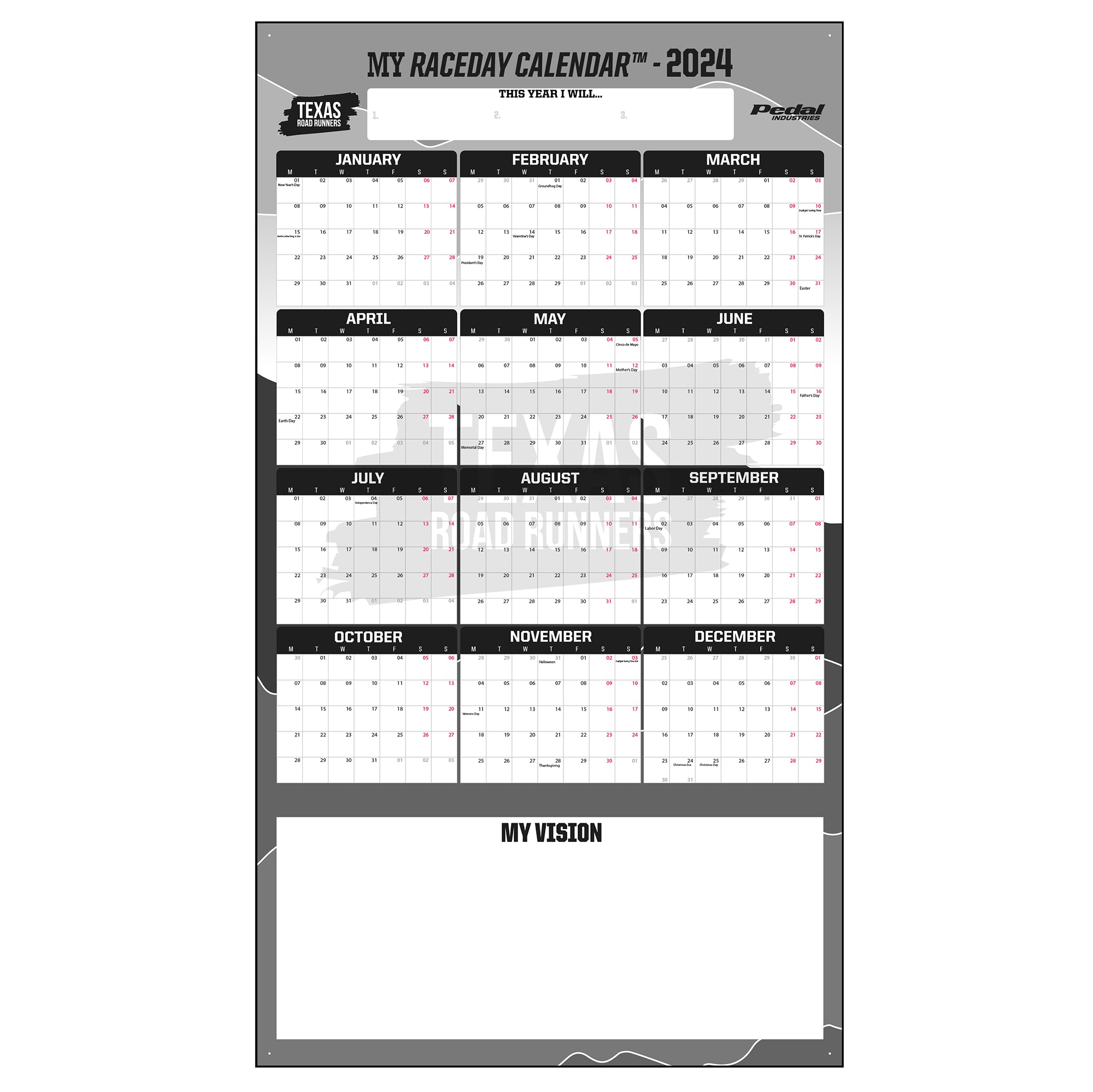 Texas Roadrunners 2024 GIANT MY RACEDAY CALENDAR PEDAL Industries