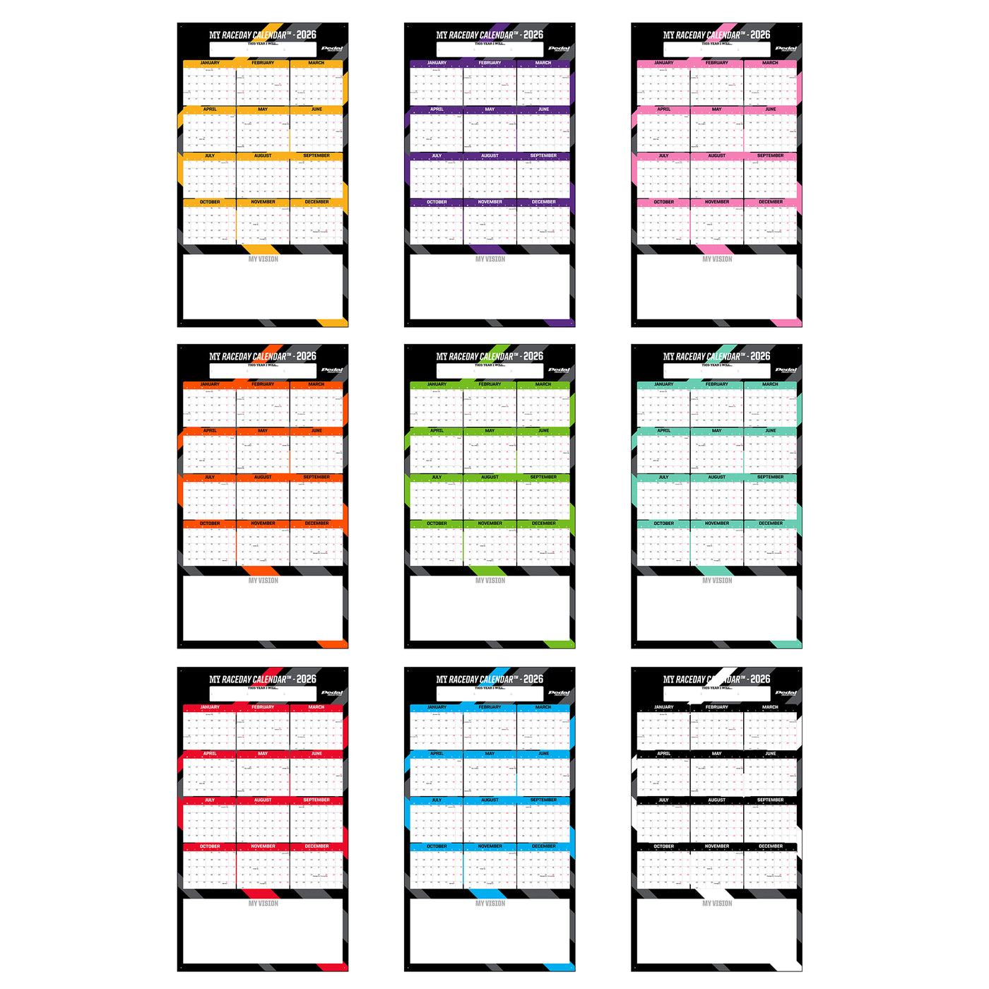 All Primary Colors 2026 GIANT MY RACEDAY CALENDAR ISD (9 Color Variants)