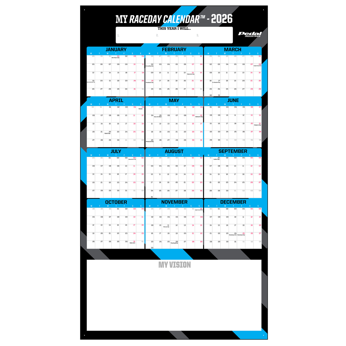 All Primary Colors 2026 GIANT MY RACEDAY CALENDAR ISD (9 Color Variants)