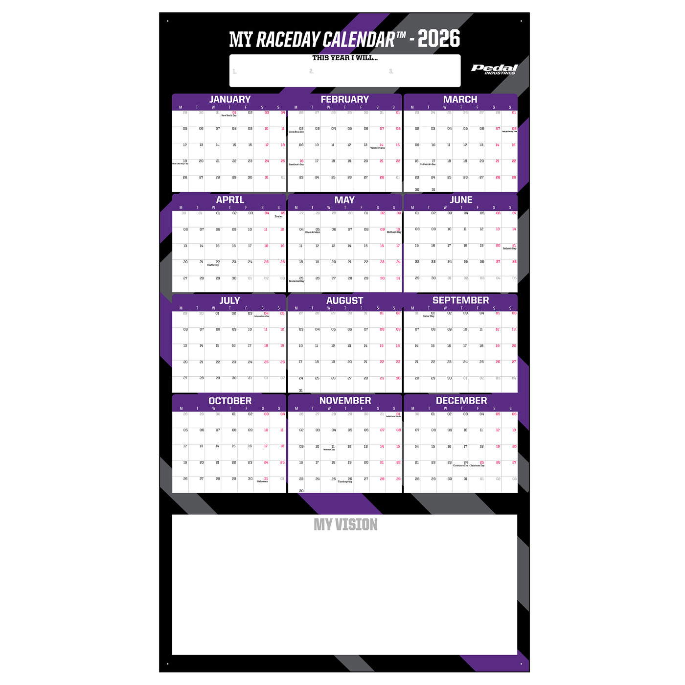 All Primary Colors 2026 GIANT MY RACEDAY CALENDAR ISD (9 Color Variants)