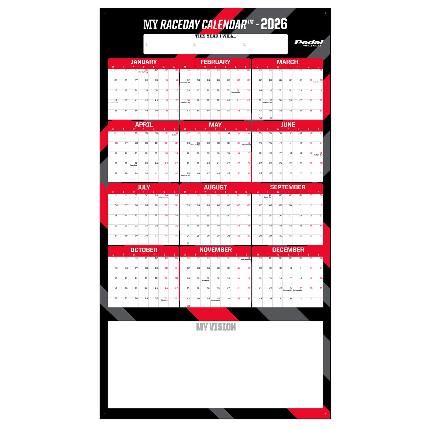 All Primary Colors 2026 GIANT MY RACEDAY CALENDAR ISD (9 Color Variants)