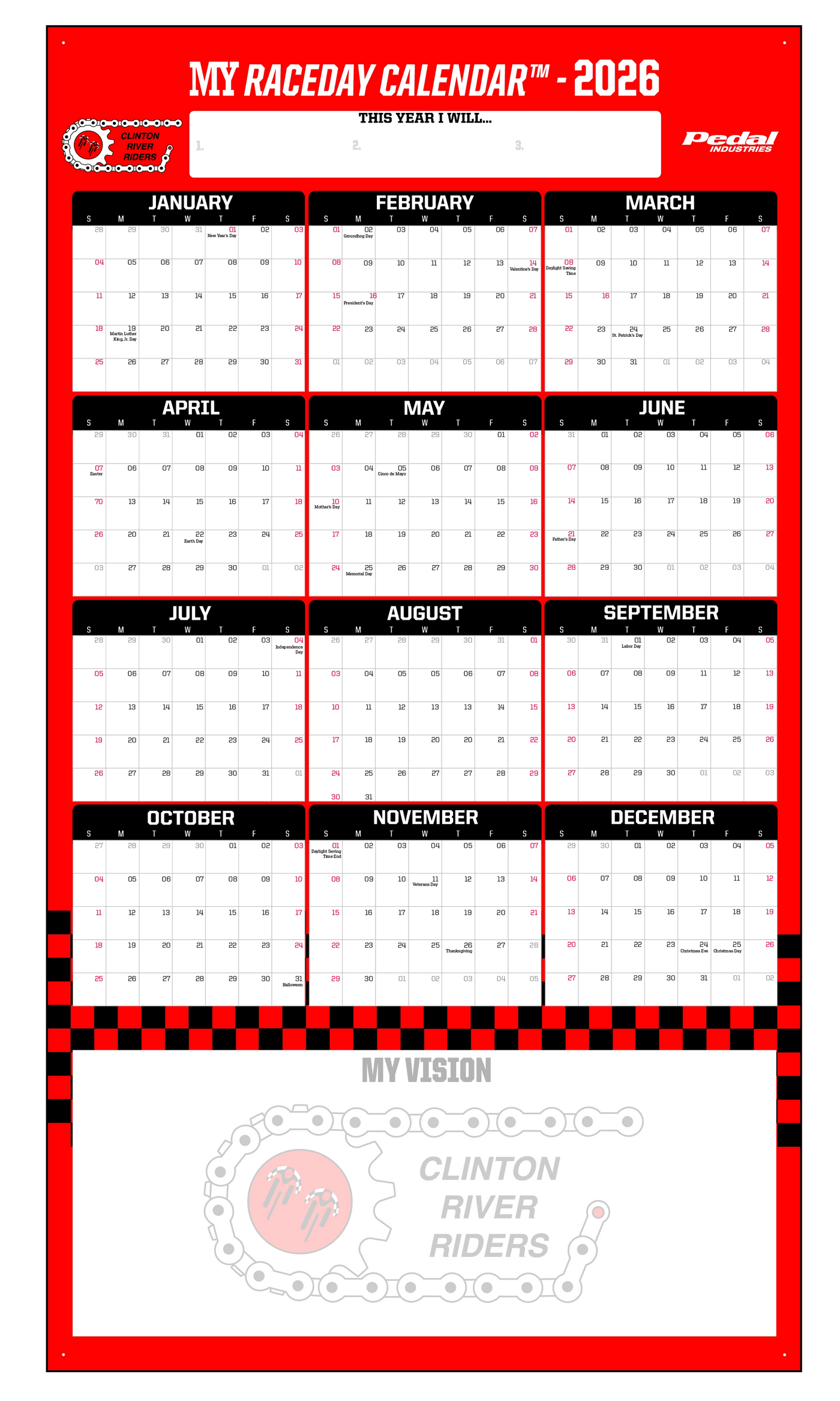 Clinton River Riders 2026 GIANT MY RACEDAY CALENDAR (Sunday-Saturday)