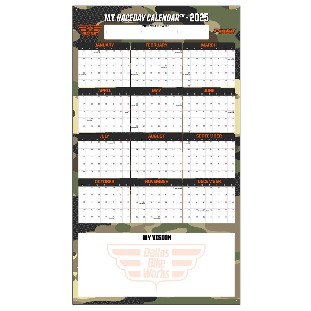 Dallas Bike Works 2025 GIANT MY RACEDAY CALENDAR CAMO-ORANGE – PEDAL Industries