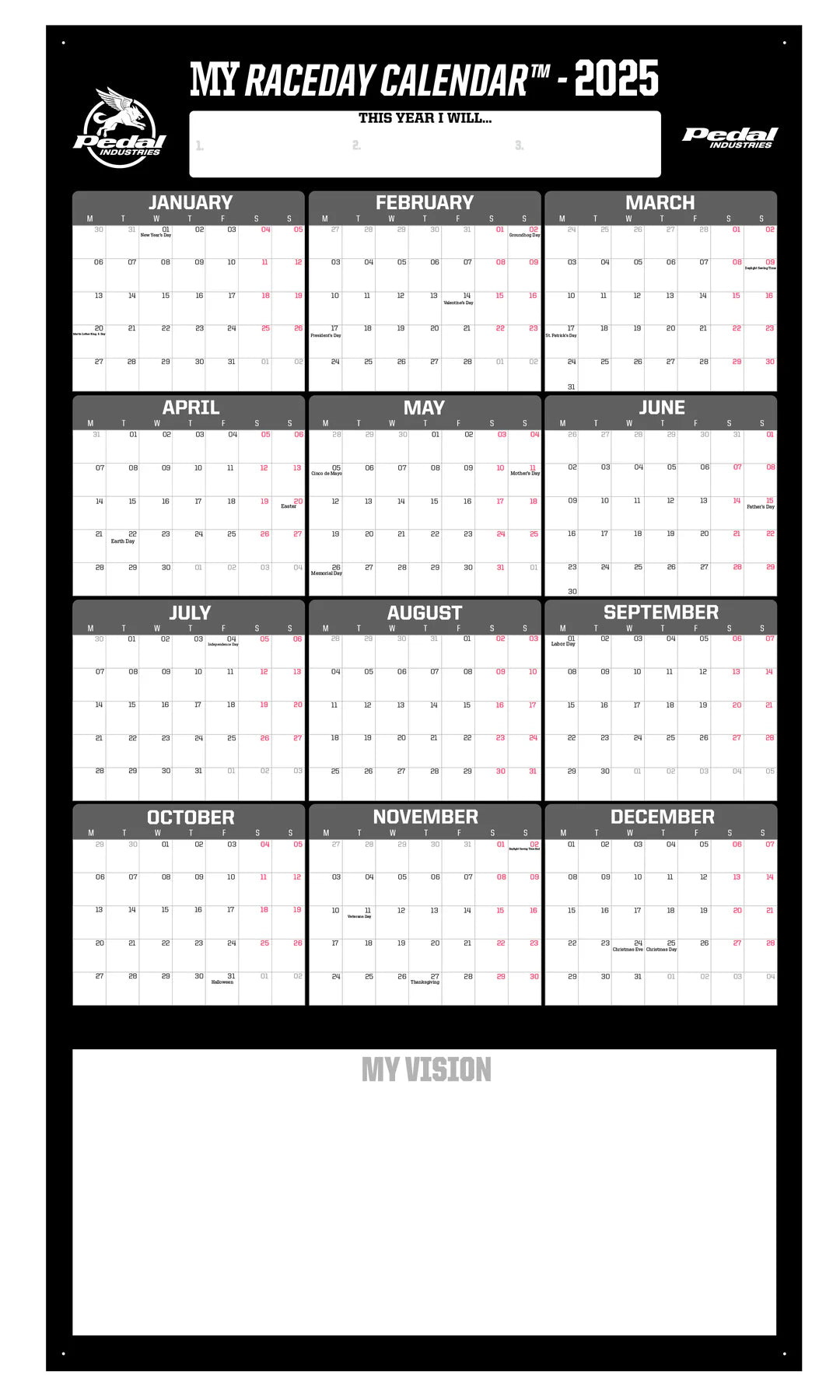 Pedal 2025 MY RACEDAY™ CALENDAR Black - 17in x 30in ISD