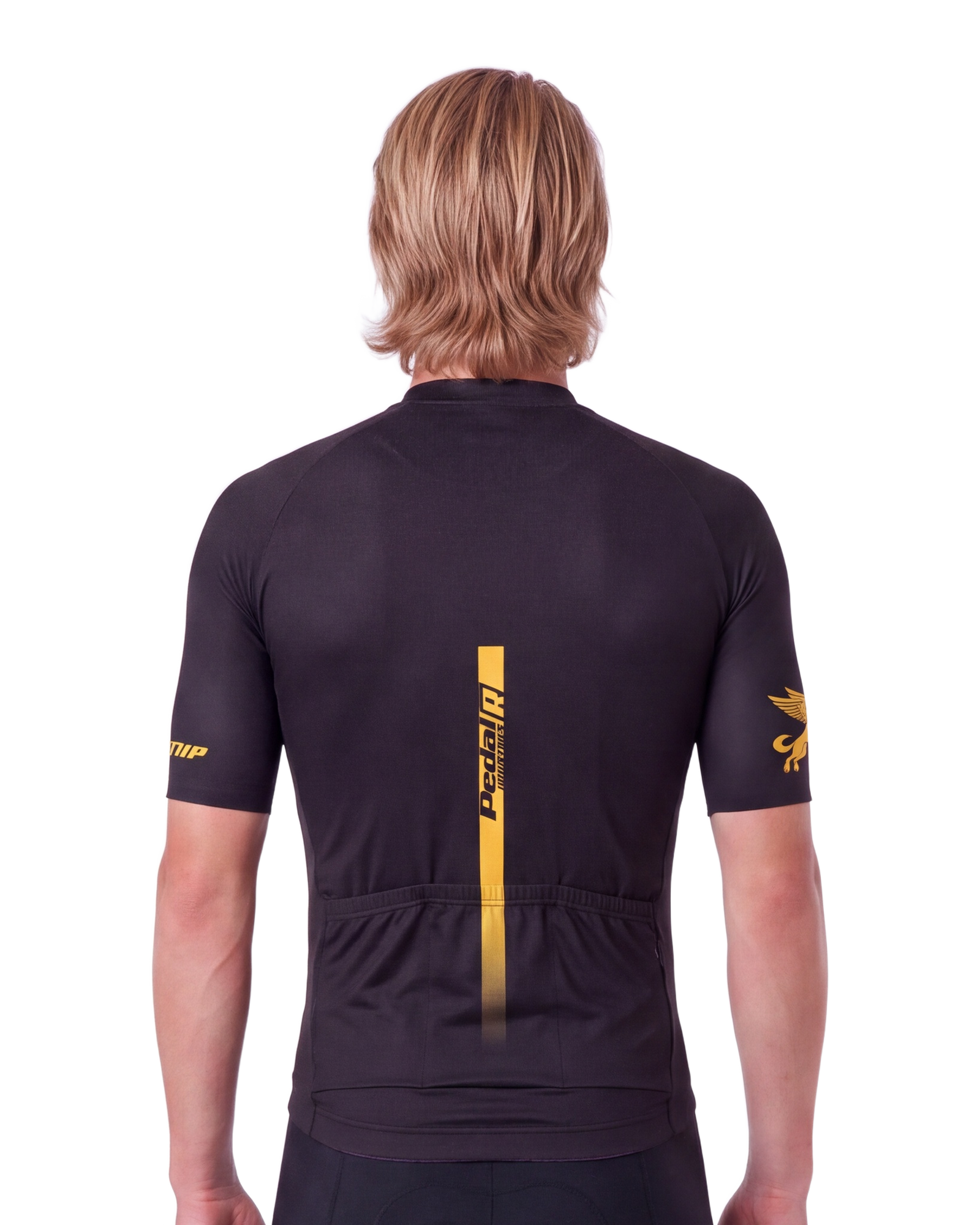 Black with Gold Pedal R MENS PRO JERSEY ISD - back, on model