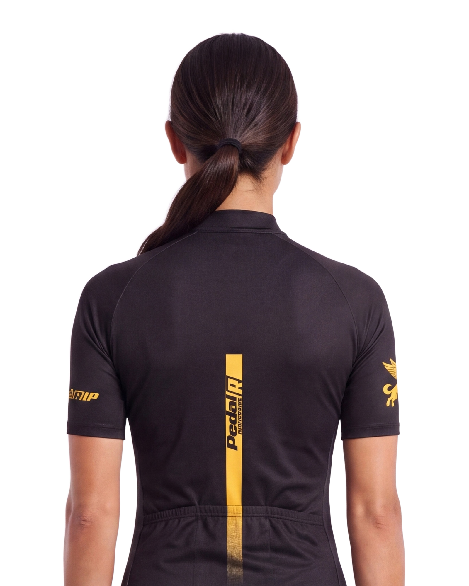 Black with Gold Pedal R WOMEN'S PRO JERSEY ISD - back, on model