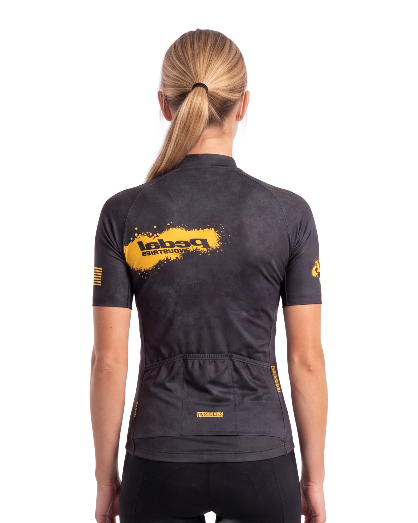 Black-Yellow PEDAL Insiders 2027 WOMEN'S PRO JERSEY 2.5 ISD - back, on model