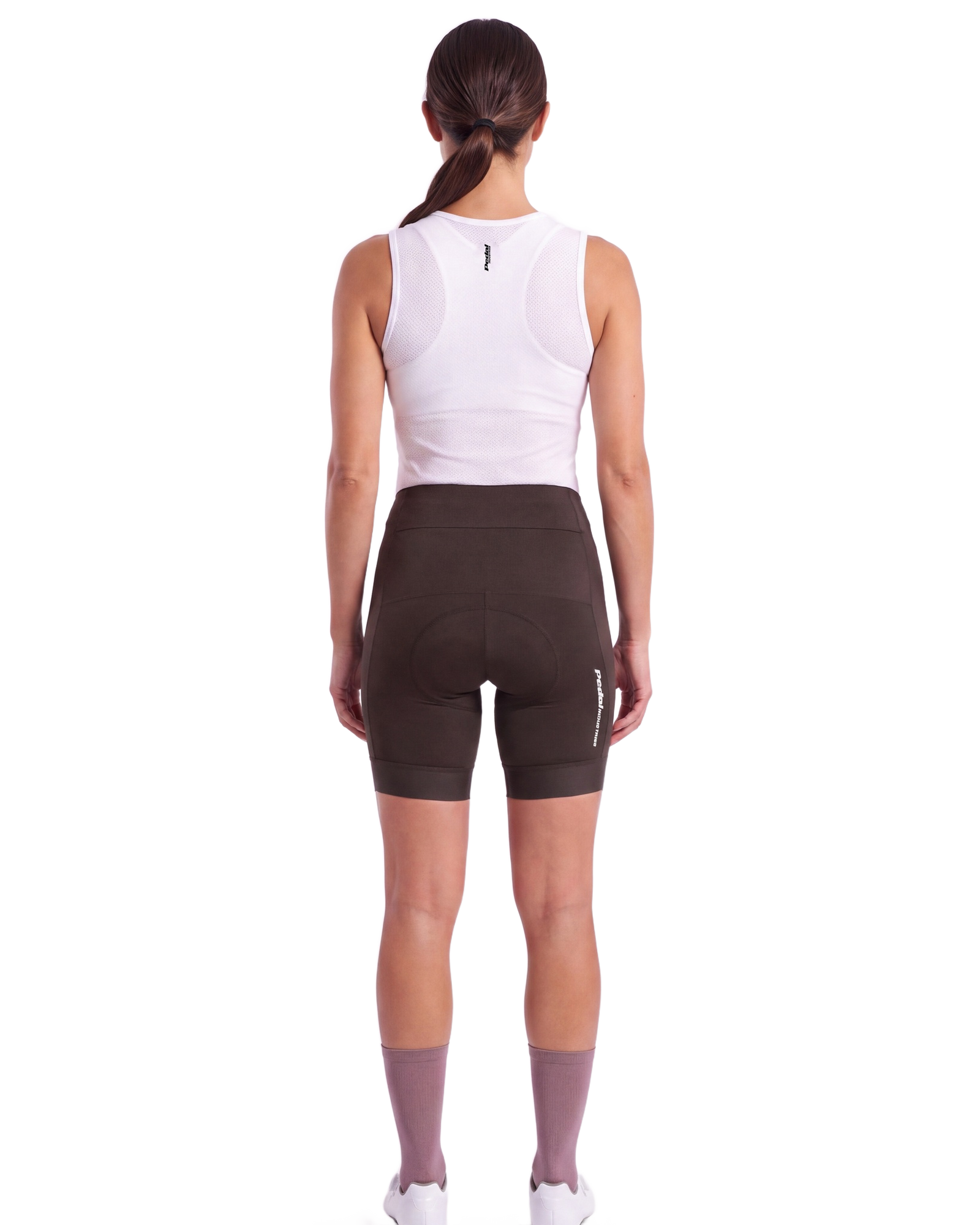 Brown PEDAL Insiders 2027 WOMEN'S PRO BIB 2.5 ISD (NO STRAPS) - back, on model