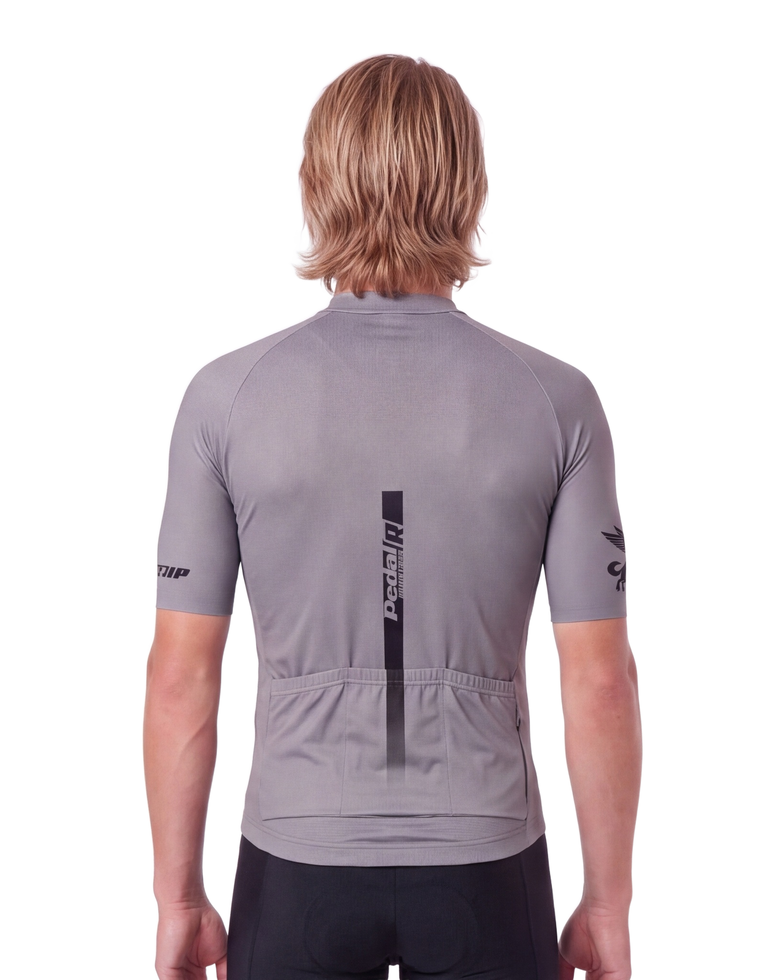 Gray with Black Pedal R MENS PRO JERSEY ISD - back, on model