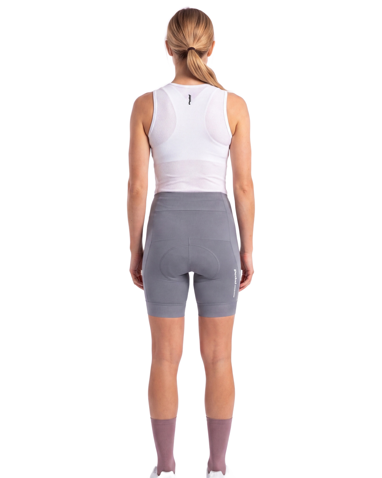 Light Lavender PEDAL Insiders 2027 WOMEN'S PRO BIB 2.5 ISD (NO STRAPS) - back, on model