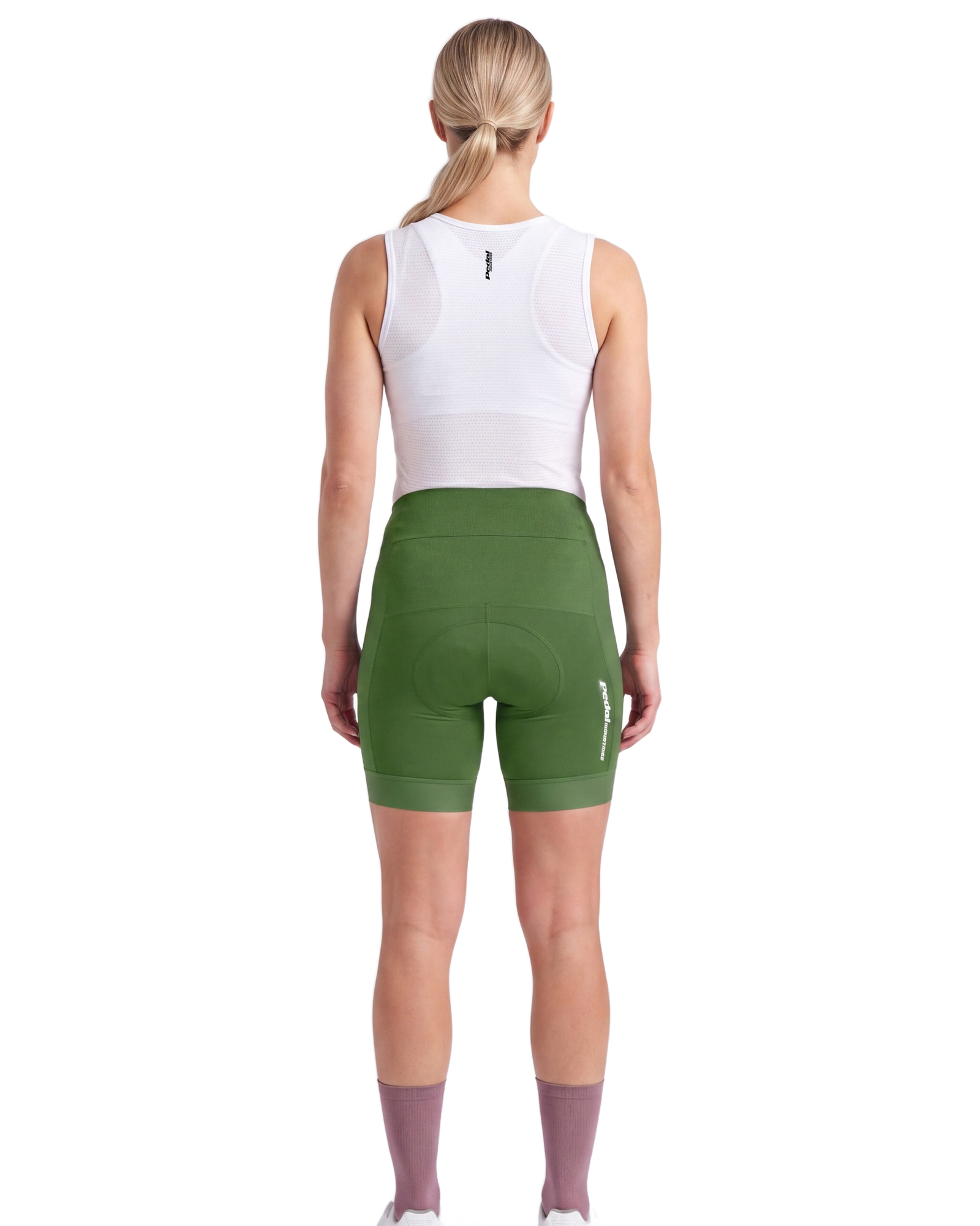 Lime Green PEDAL Insiders 2027 WOMEN'S PRO BIB 2.5 ISD (NO STRAPS) - back, on model