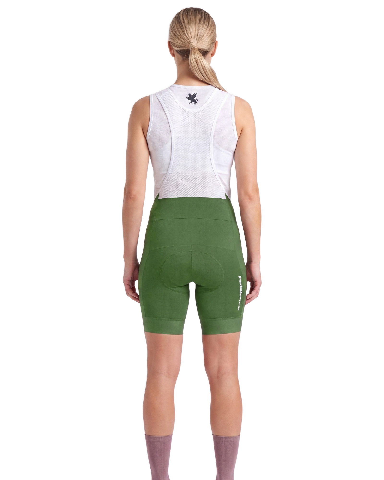 Lime Green PEDAL Insiders 2027 WOMEN'S PRO BIB 2.5 ISD - back, on model