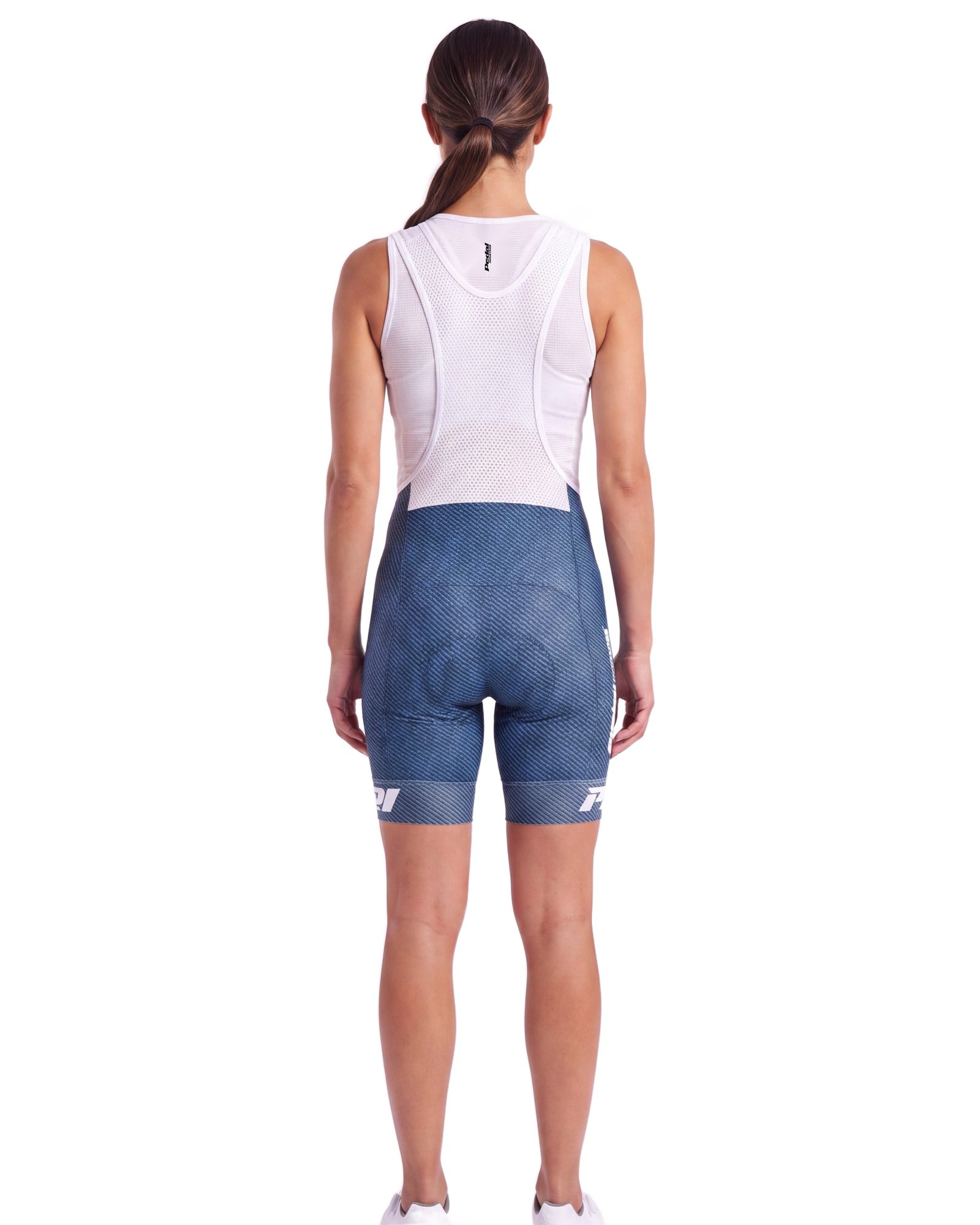 Washed Blue Denim (for Cyan RaceDay Jersey) PEDAL Insiders P/I Raceday WOMEN'S PRO BIB ISD - back, on model
