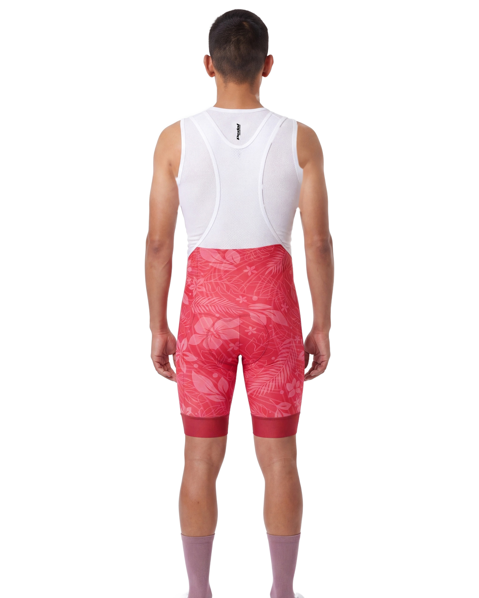 Watermelon Red Aloha Pedal MEN'S PRO LEVEL BIB ISD - back, on model