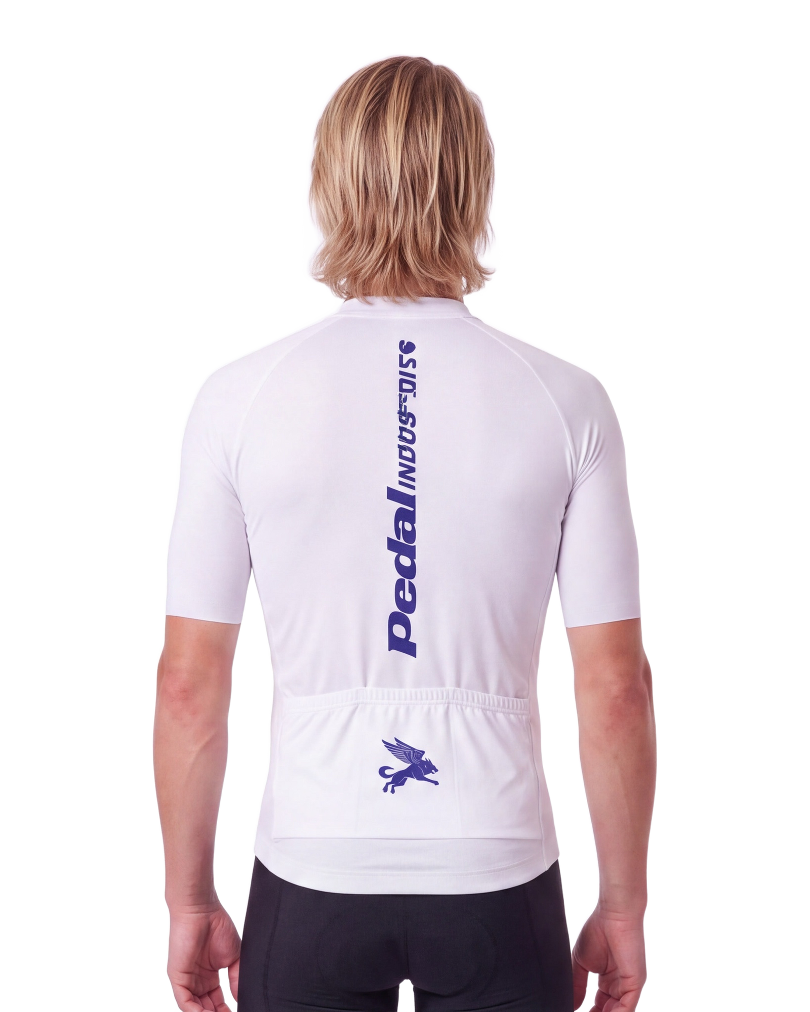White-Blue PEDAL Insiders P/I RaceDay 2026 MEN'S PRO JERSEY ISD - back, on model
