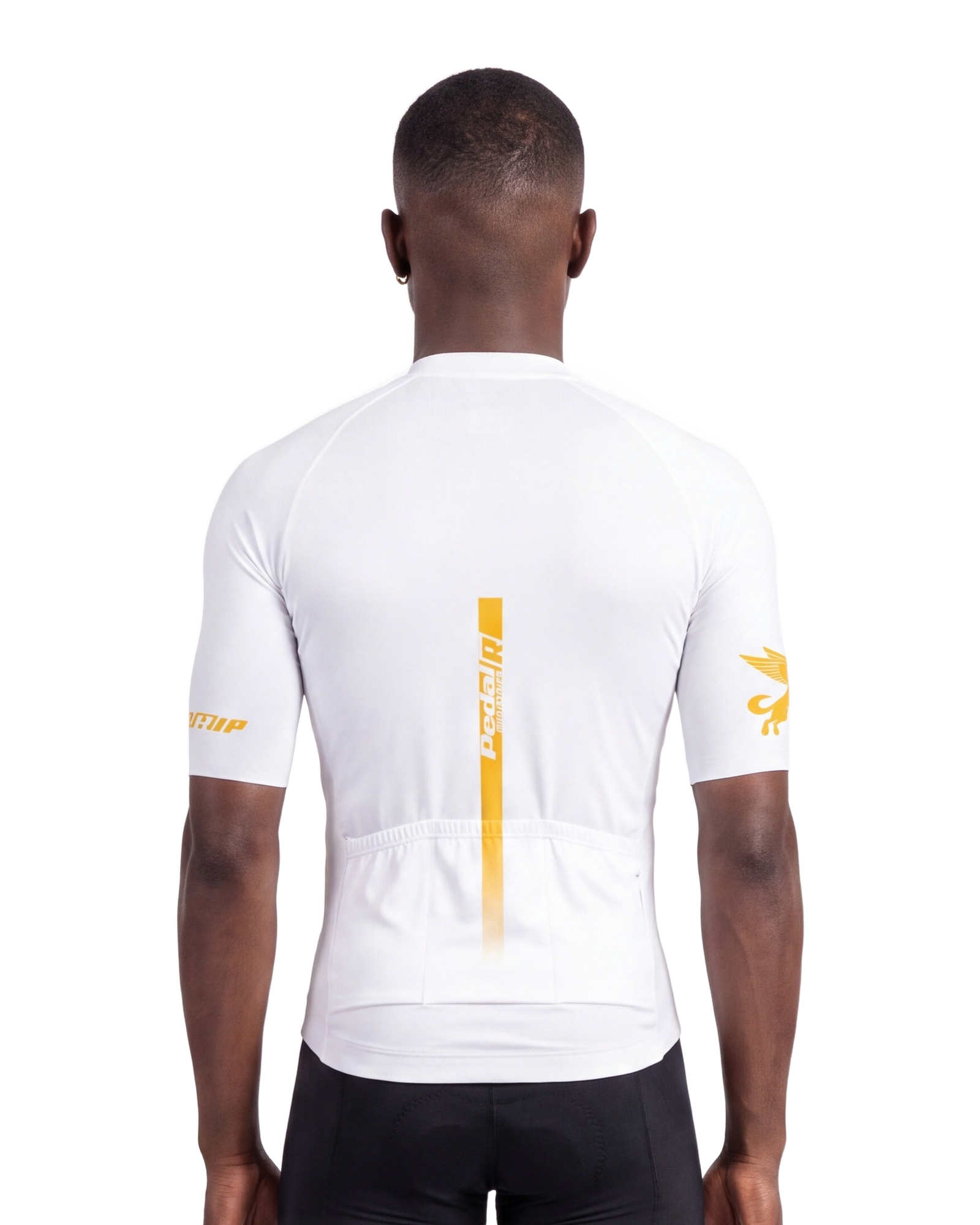 White with Gold Pedal R MENS PRO JERSEY ISD - back, on model