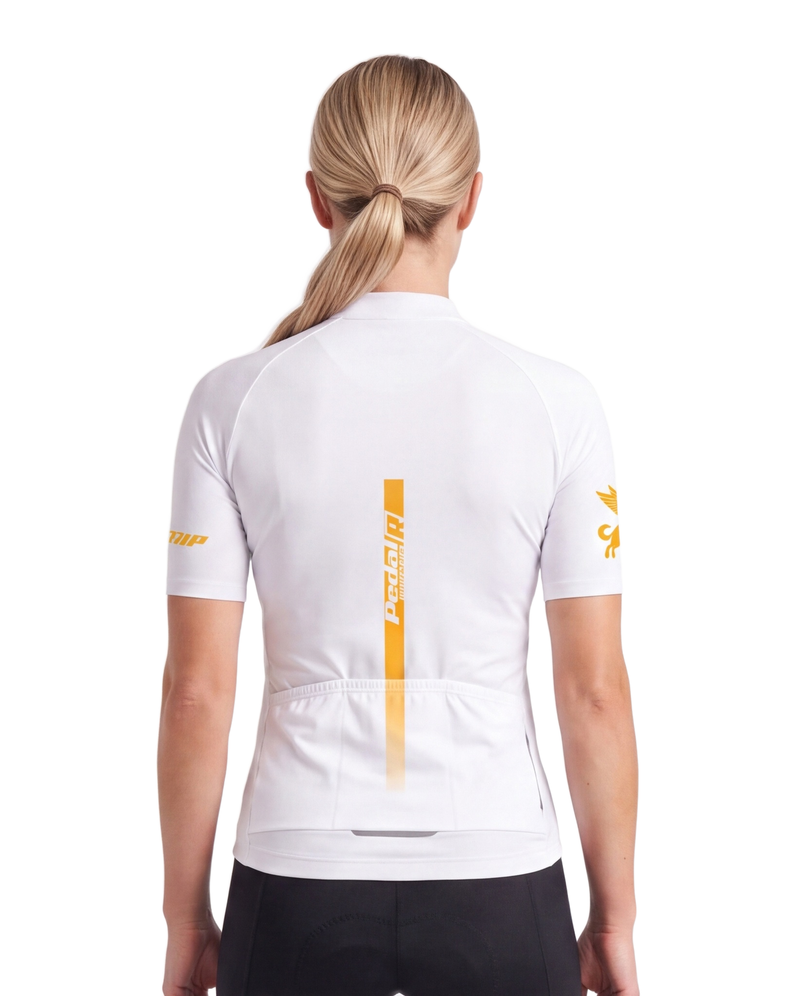White with Gold Pedal R WOMEN'S PRO JERSEY ISD - back, on model