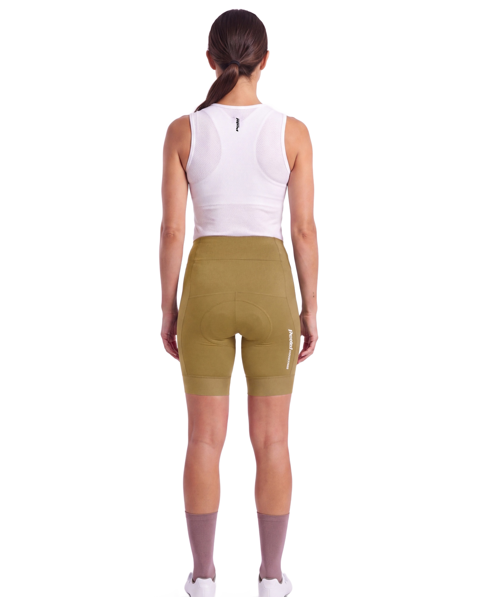 Yellow PEDAL Insiders 2027 WOMEN'S PRO BIB 2.5 ISD (NO STRAPS) - back, on model