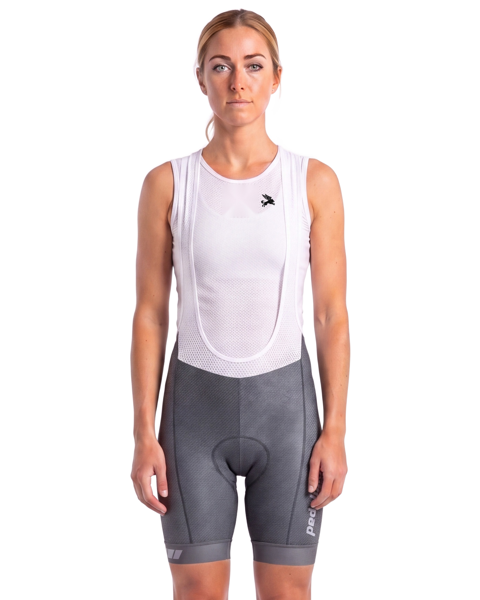 Black Denim (for Murdered Out Jersey) PEDAL Insiders P/I Raceday WOMEN'S PRO BIB ISD - front, on model