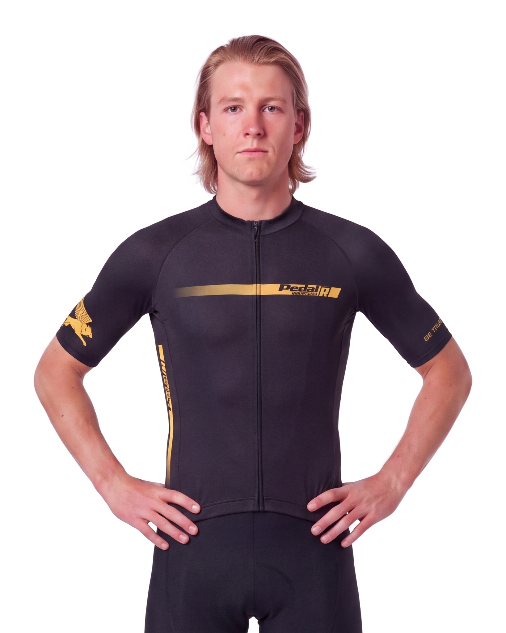 Black with Gold Pedal R MENS PRO JERSEY ISD - front, on model
