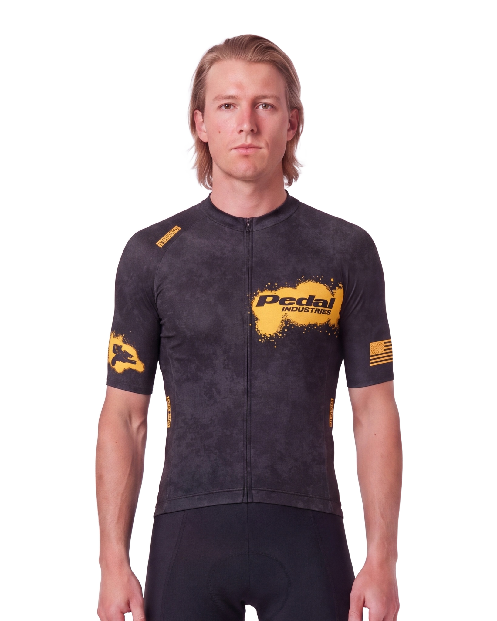 Black-Yellow PEDAL Insiders 2027 MEN'S PRO JERSEY ISD - front, on model