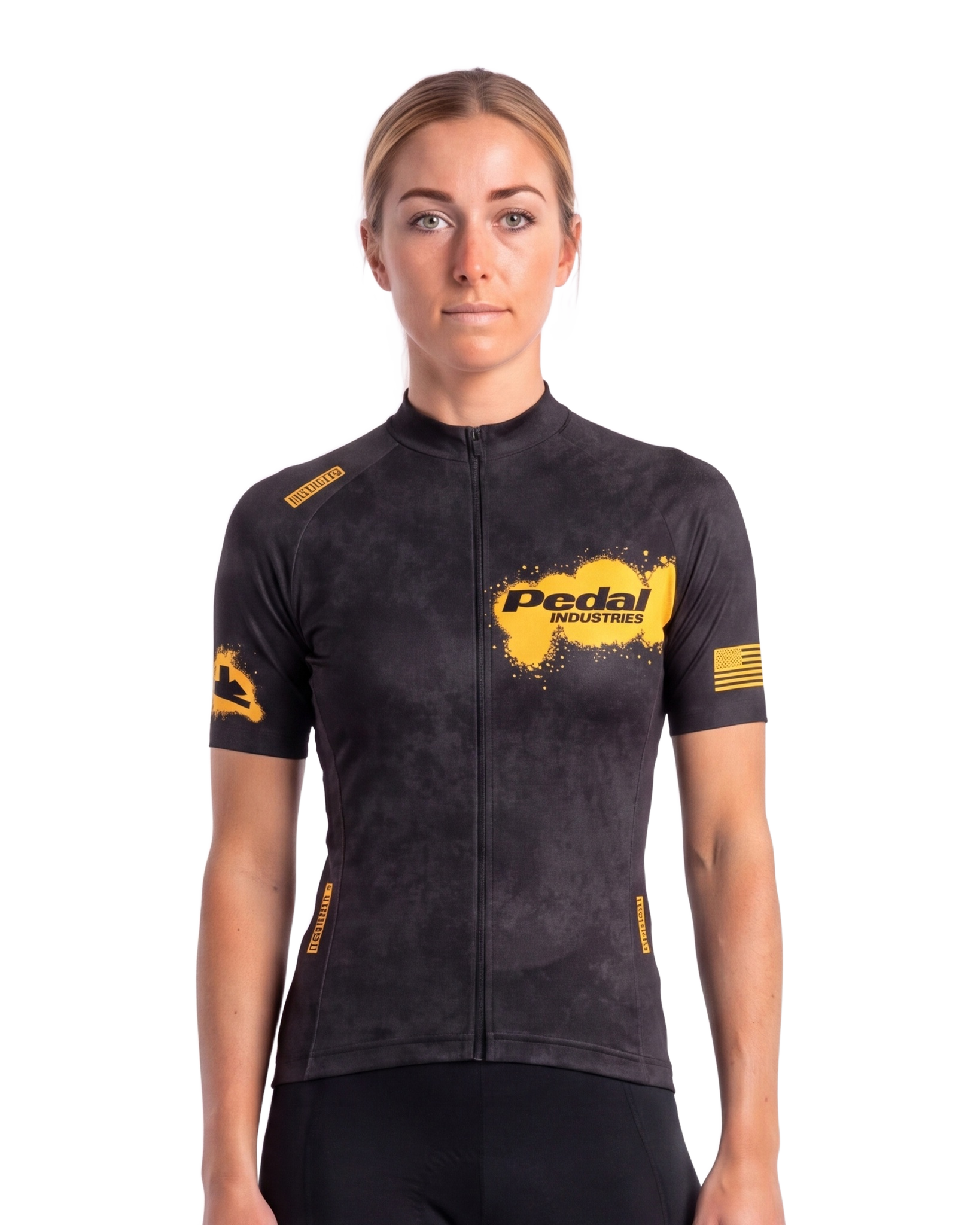 Black-Yellow PEDAL Insiders 2027 WOMEN'S PRO JERSEY 2.5 ISD - front, on model