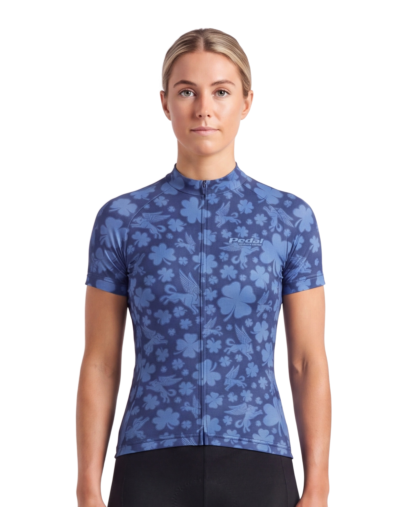 Blue Lucky Pedal WOMEN'S PRO JERSEY ISD - front, on model