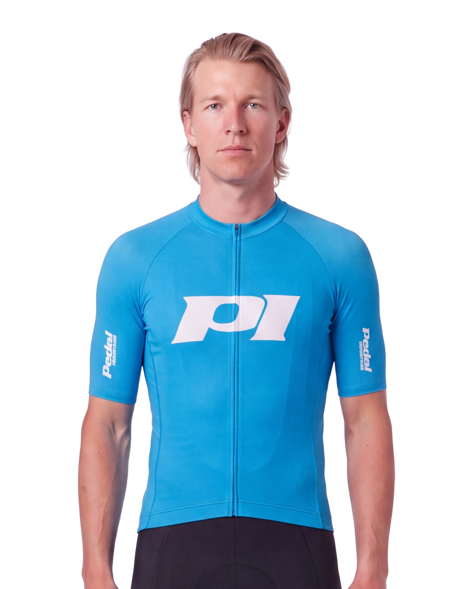 Cyan-White PEDAL Insiders P/I RaceDay 2026 MEN'S PRO JERSEY ISD - front, on model