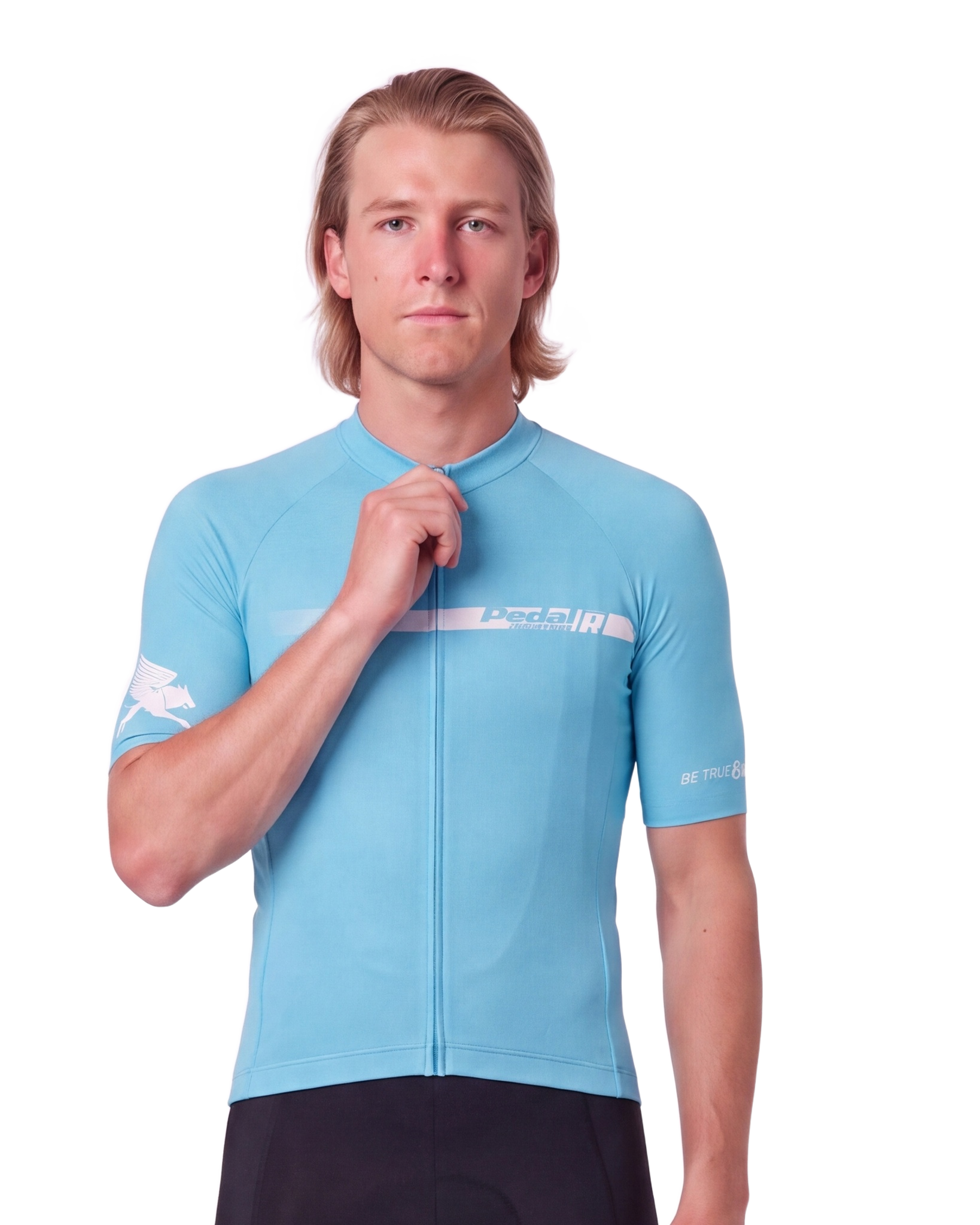 Cyan with White Pedal R MENS PRO JERSEY ISD - front, on model