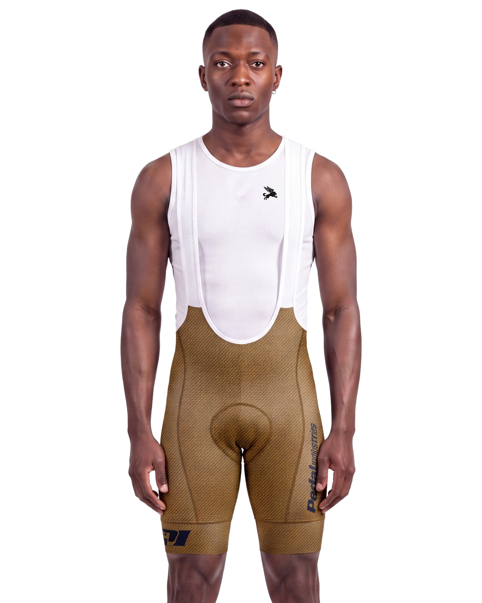 Gold Denim (for Black RaceDay Jersey) PEDAL Insiders P/I Raceday MEN'S PRO LEVEL BIB ISD - front, on model