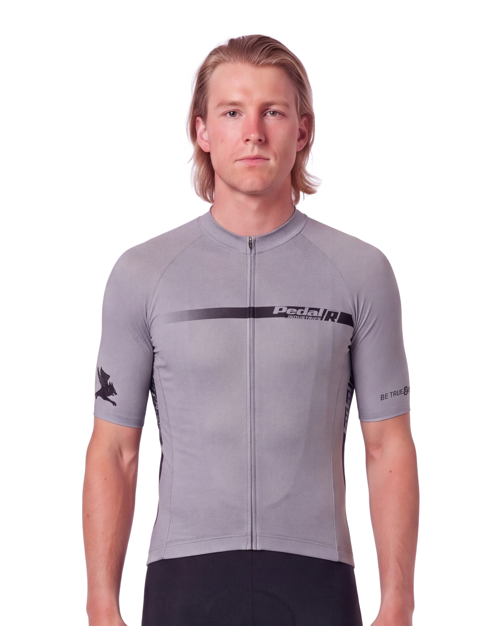 Gray with Black Pedal R MENS PRO JERSEY ISD - front, on model