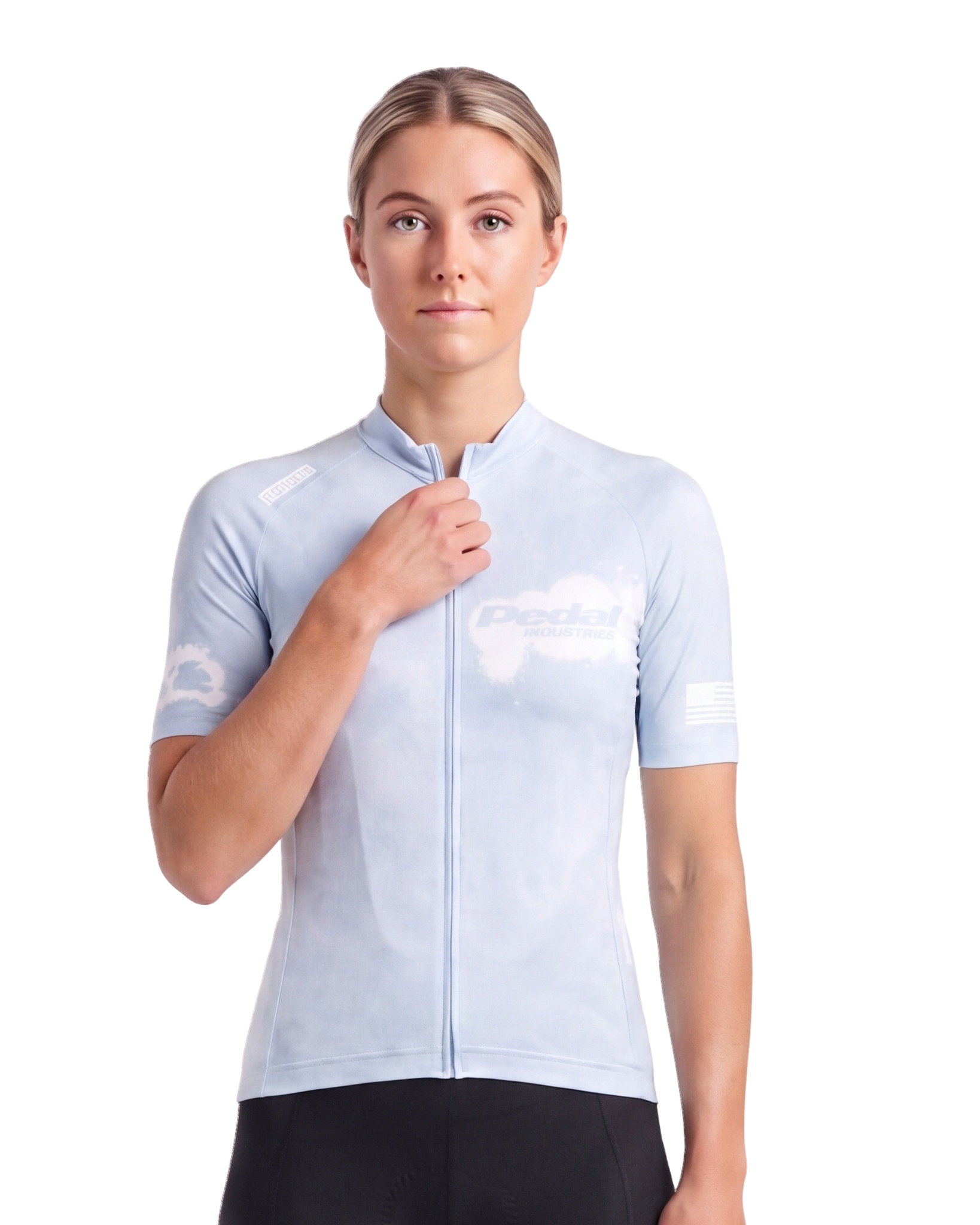 Light Blue PEDAL Insiders 2027 WOMEN'S PRO JERSEY 2.5 ISD - front, on model