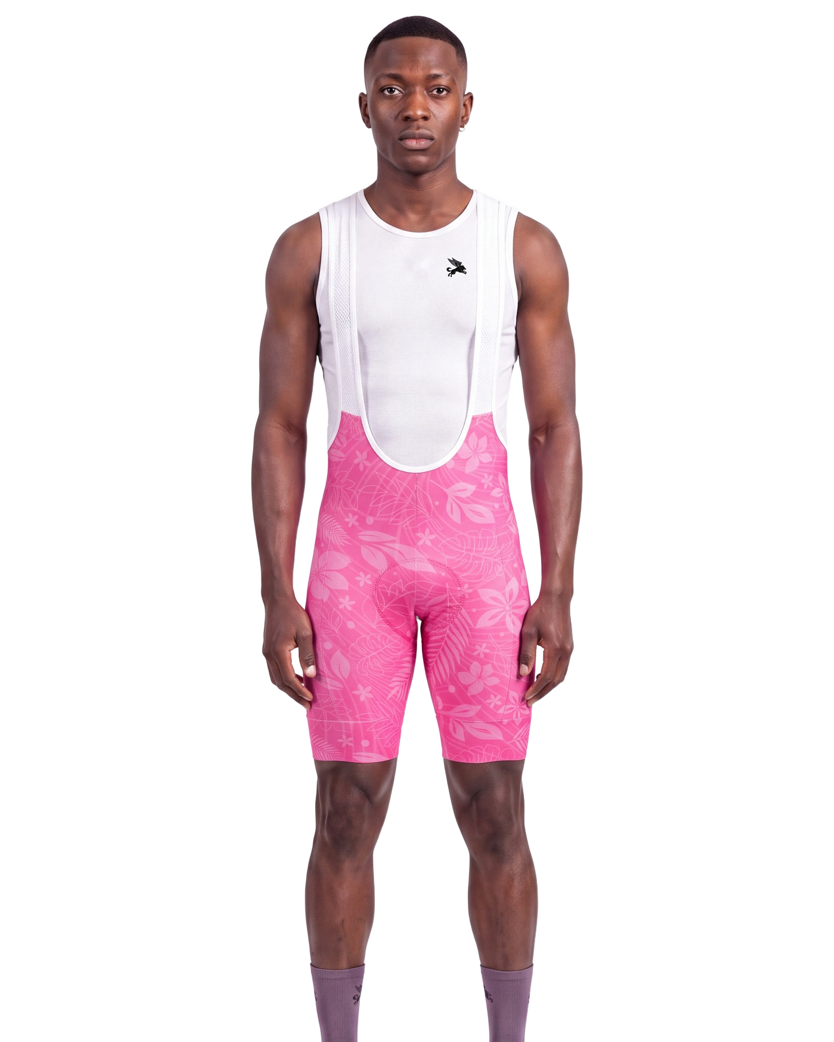 Maui Pink Aloha Pedal MEN'S PRO LEVEL BIB ISD - front, on model