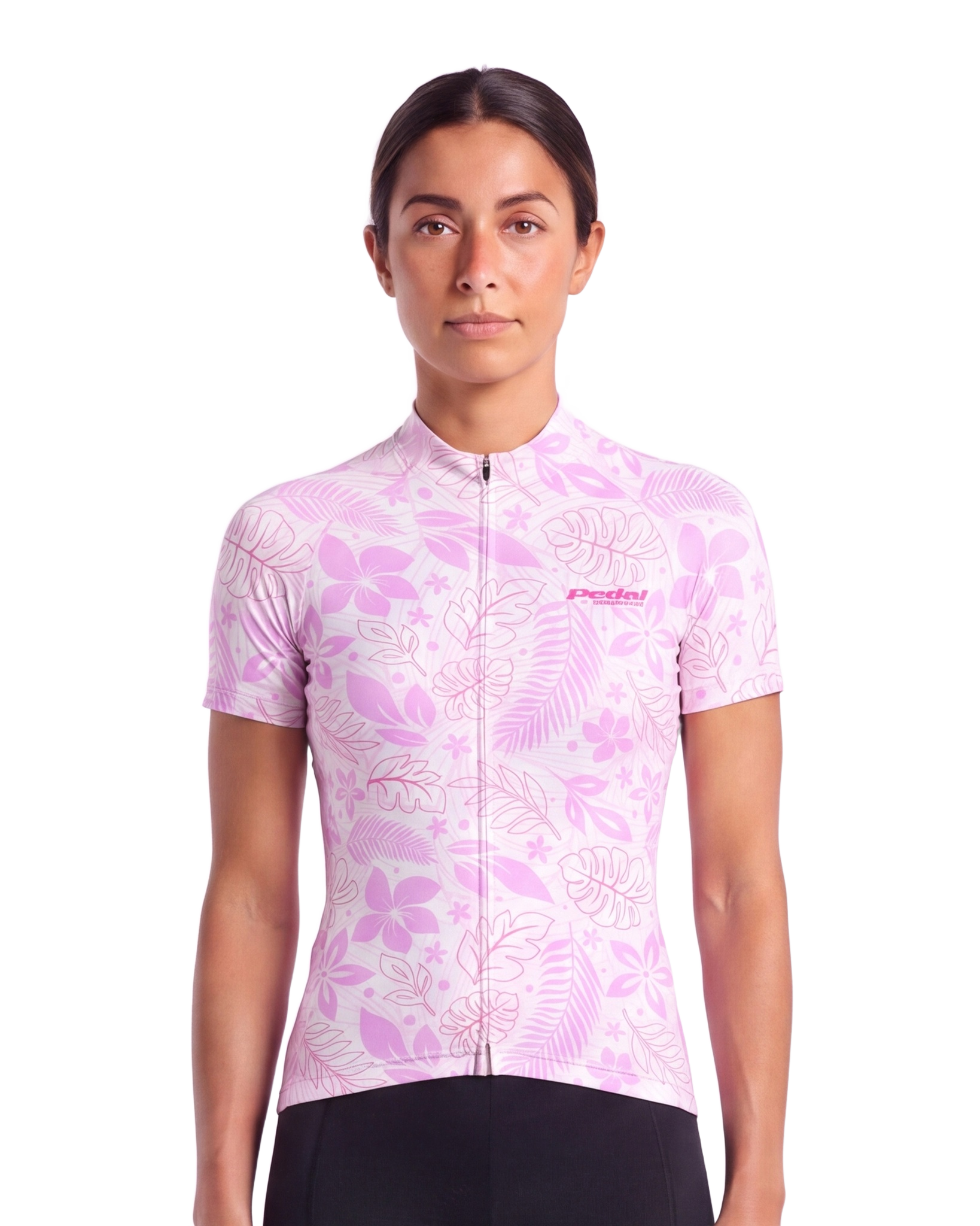 Mauii Pink Aloha Pedal WOMEN'S PRO JERSEY ISD - front, on model