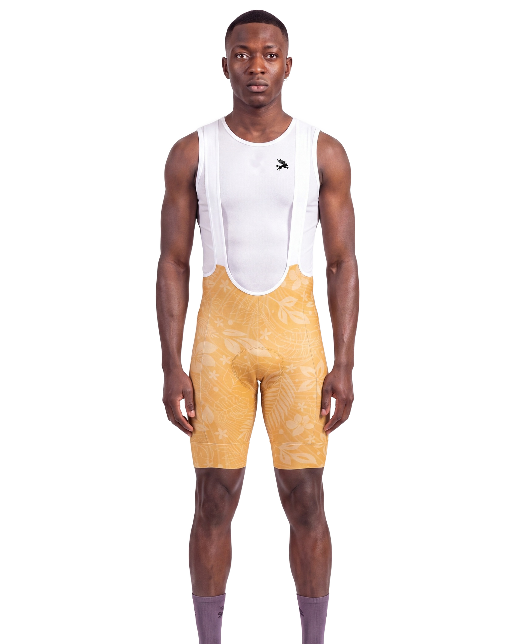 Oahu Yellow Aloha Pedal MEN'S PRO LEVEL BIB ISD - front, on model
