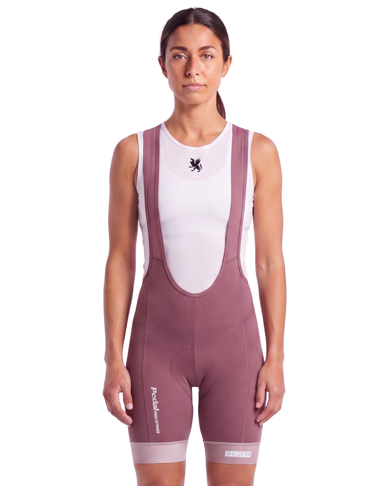 Pink PEDAL Insiders 2027 WOMEN'S PRO BIB 2.5 ISD - front, on model