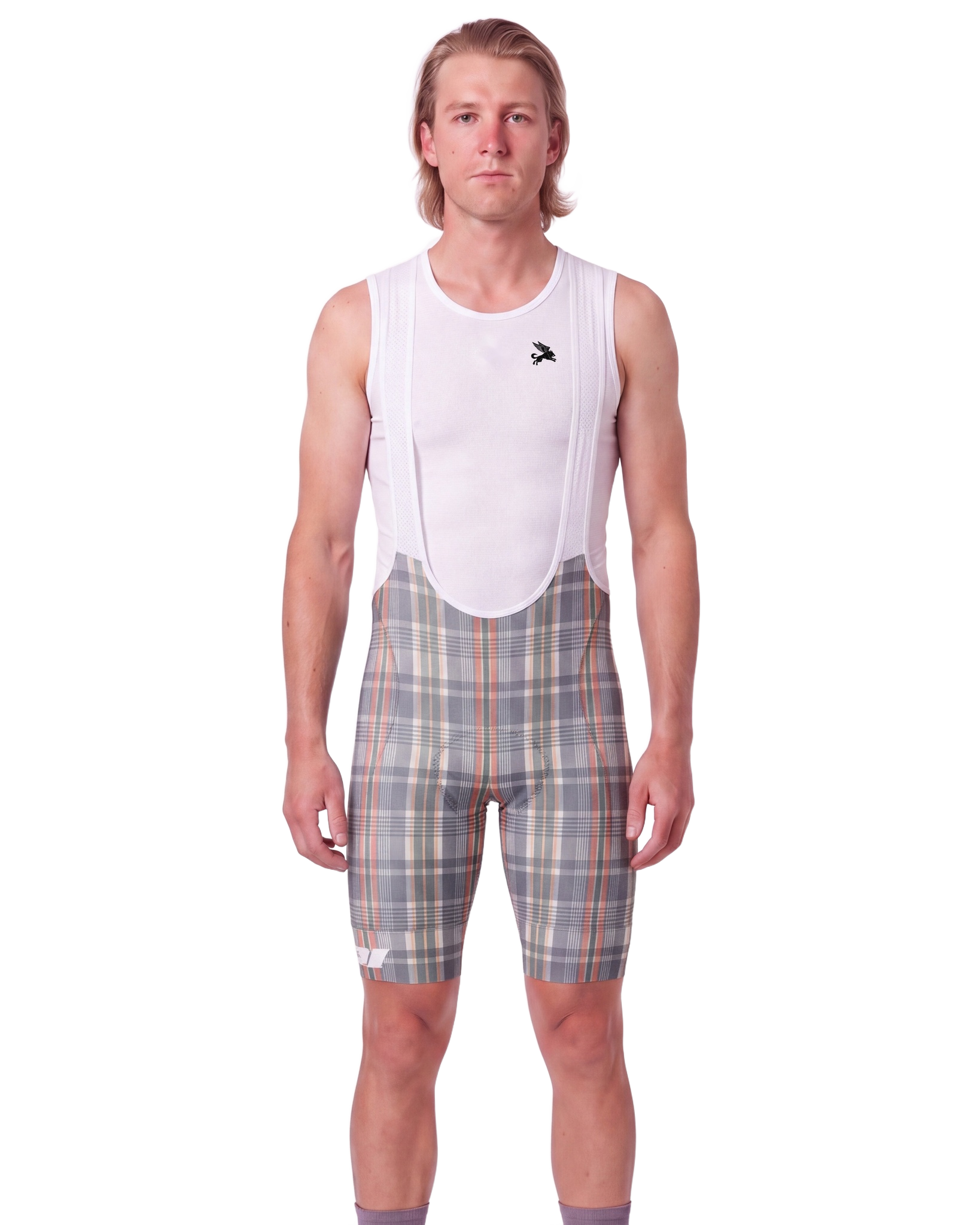 PLAID GRAY Cypress Spirits MEN'S PRO LEVEL BIB ISD - front, on model