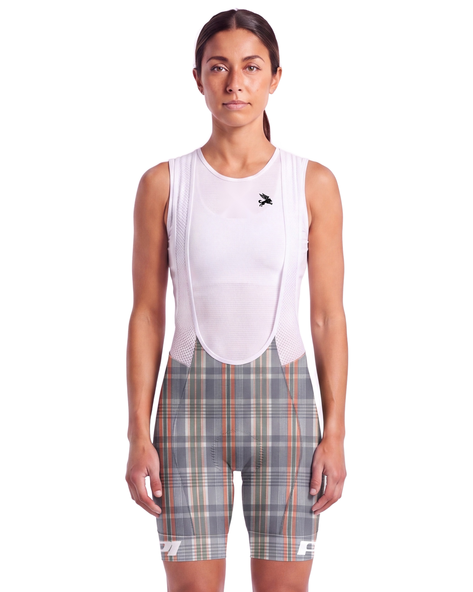 Plaid Gray Cypress Spirits WOMEN'S PRO BIB ISD - front, on model