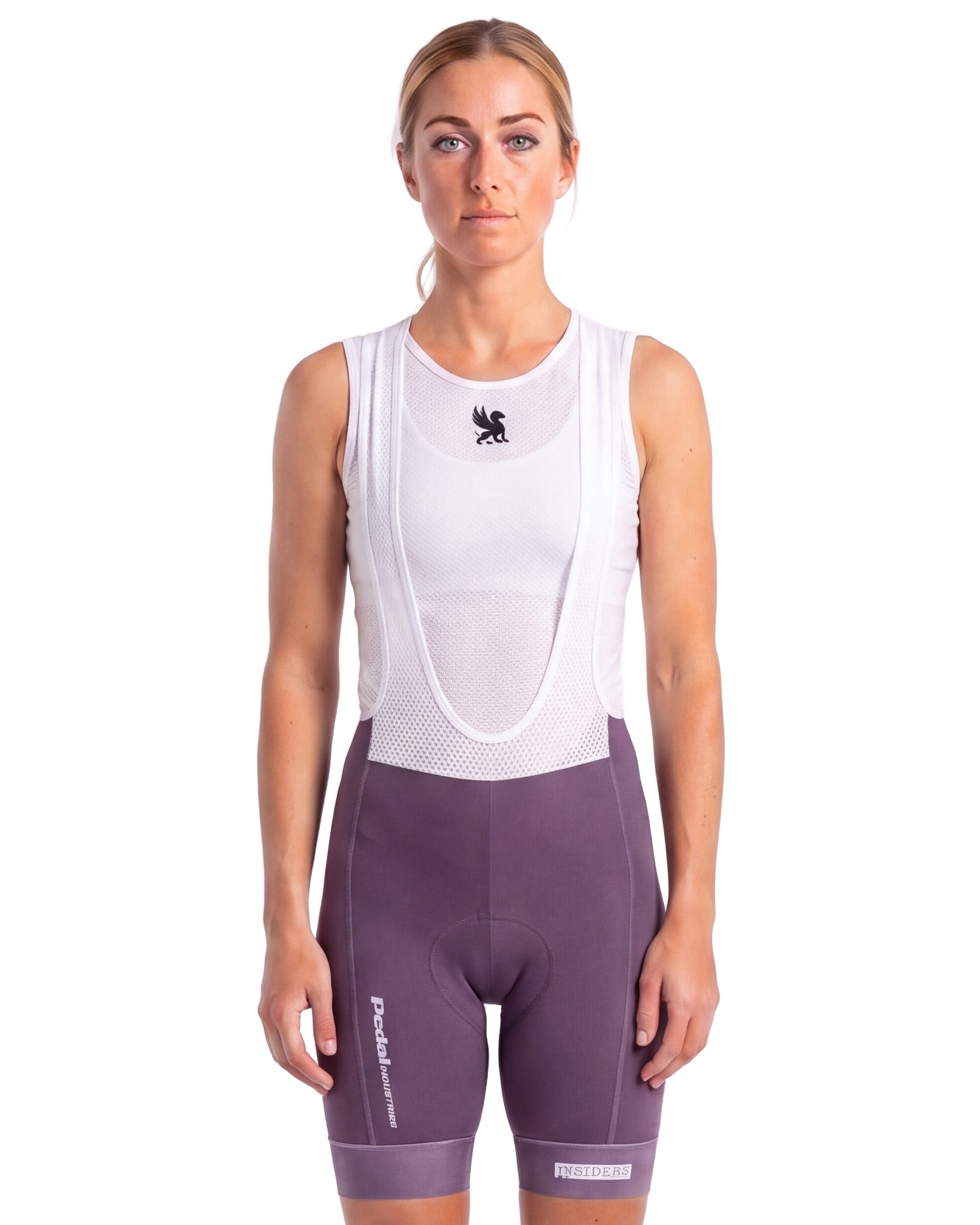 Purple PEDAL Insiders 2027 WOMEN'S PRO BIB 2.5 ISD - front, on model