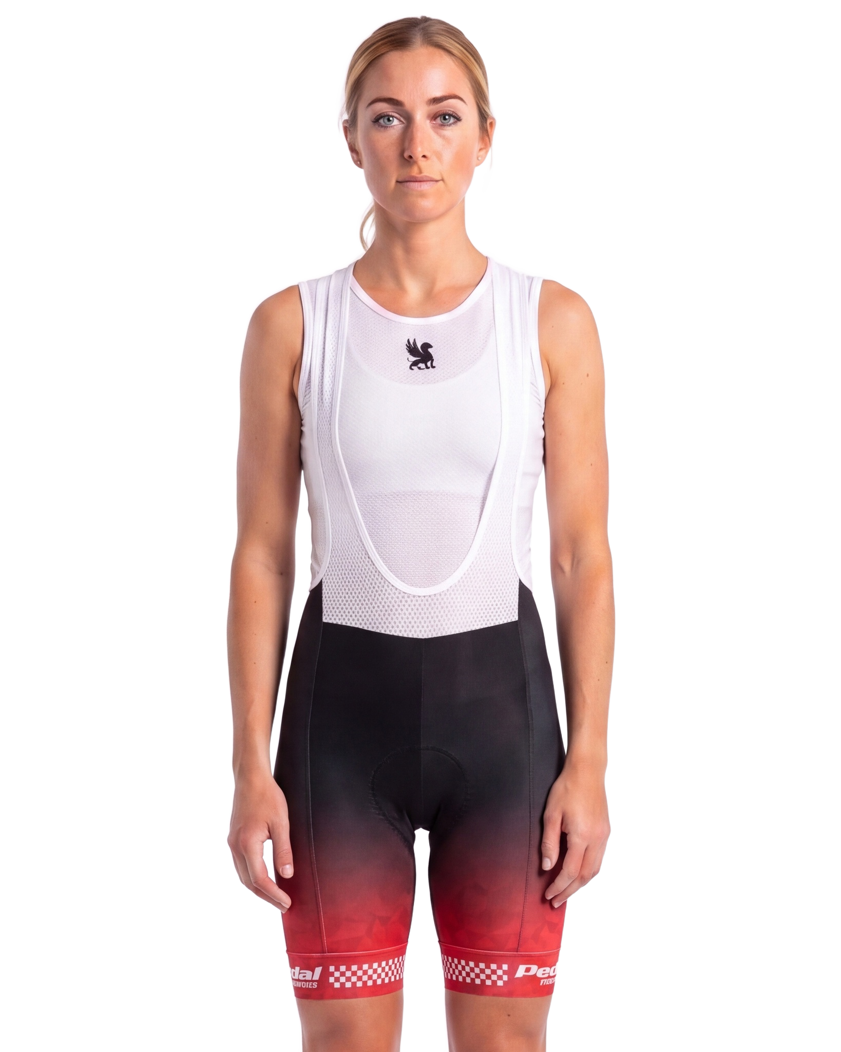 The GC Red WOMEN'S PRO BIB ISD - front, on model