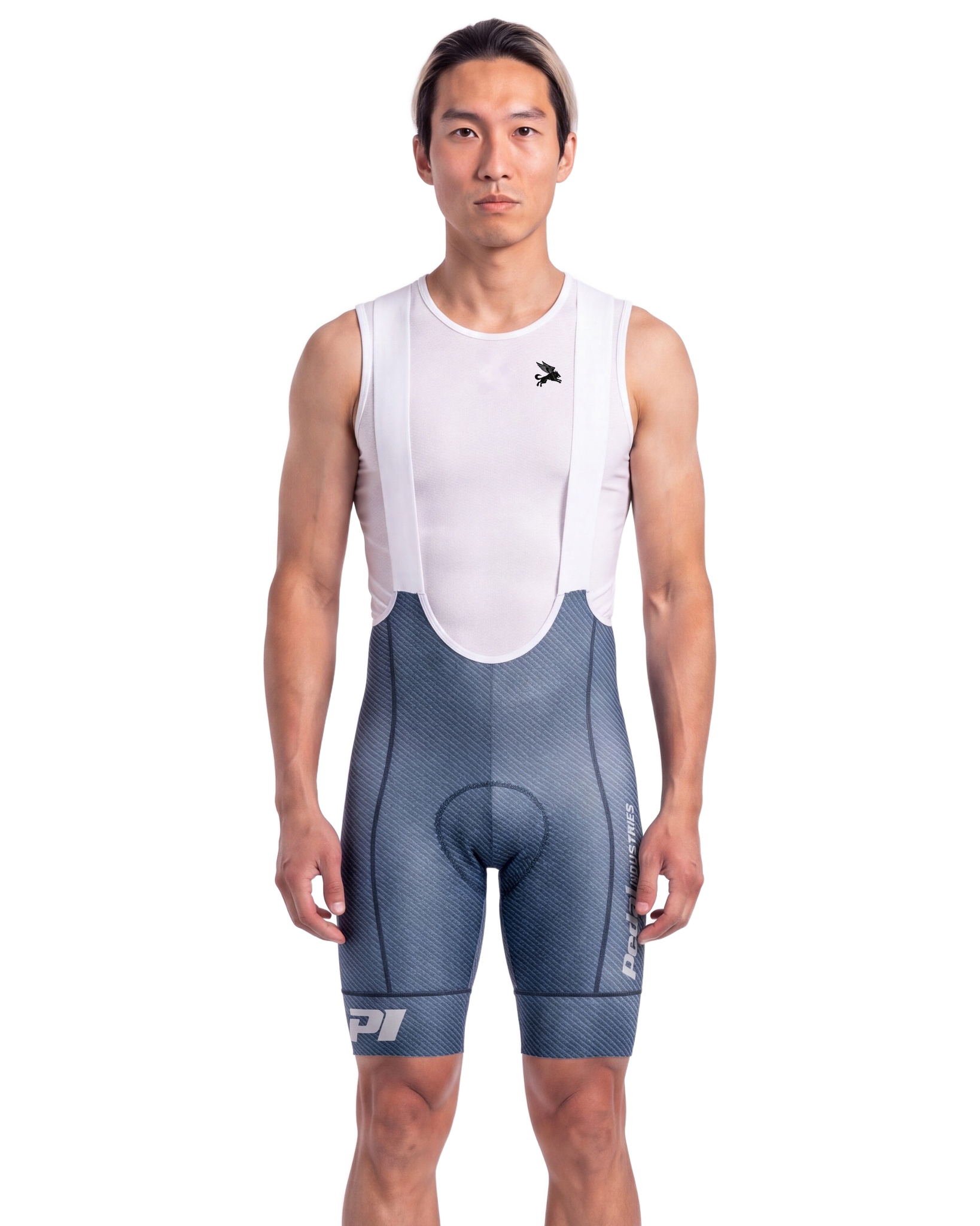 Washed Blue Denim (for Cyan RaceDay Jersey) PEDAL Insiders P/I Raceday MEN'S PRO LEVEL BIB ISD - front, on model