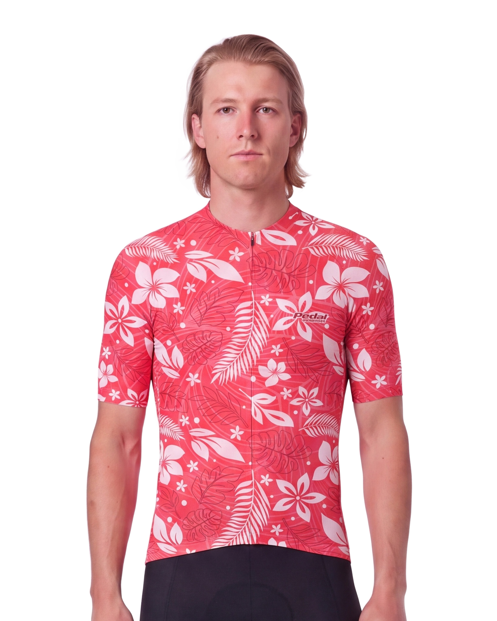 Watermelon Red Aloha Pedal MEN'S PRO JERSEY ISD - front, on model