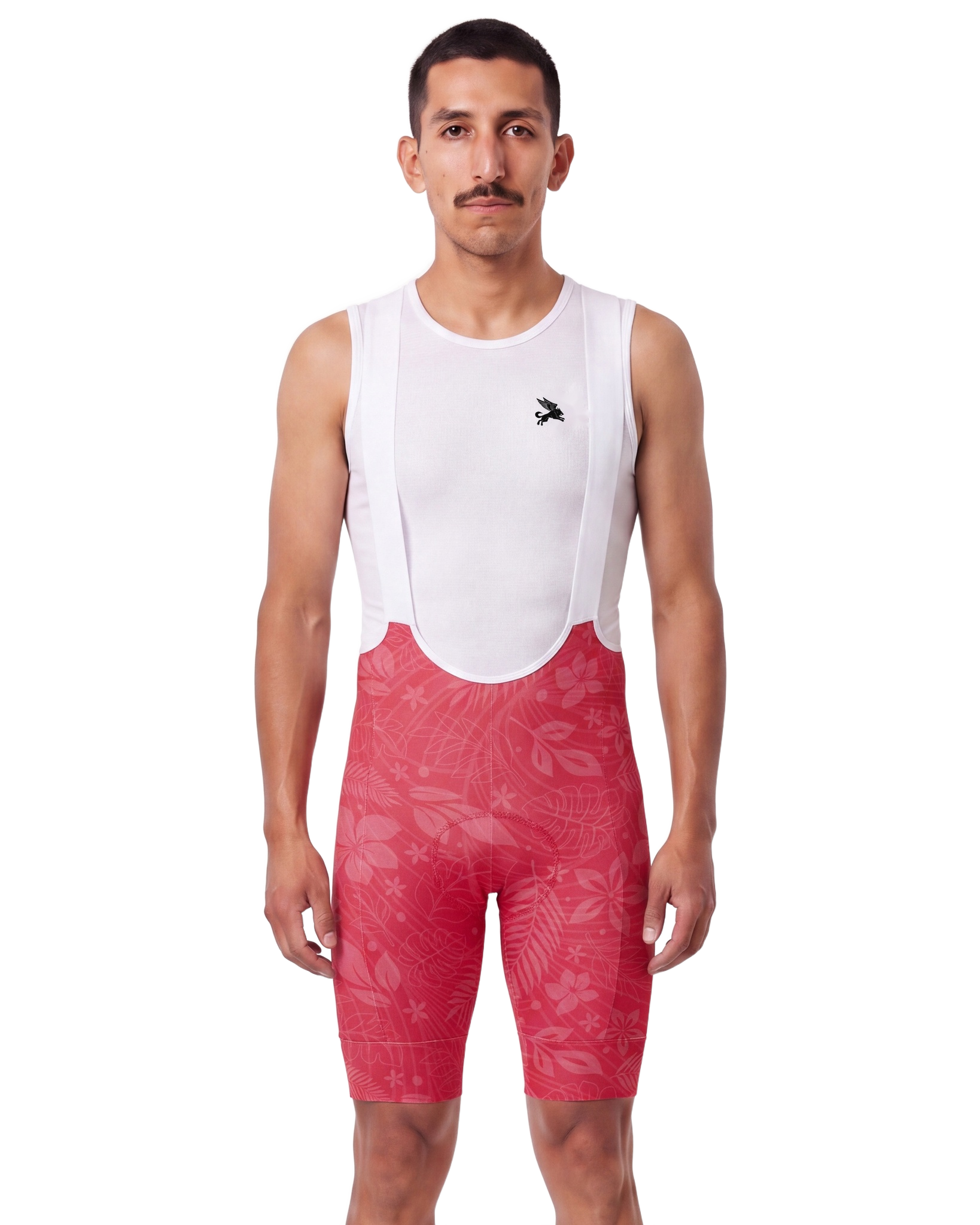 Watermelon Red Aloha Pedal MEN'S PRO LEVEL BIB ISD - front, on model