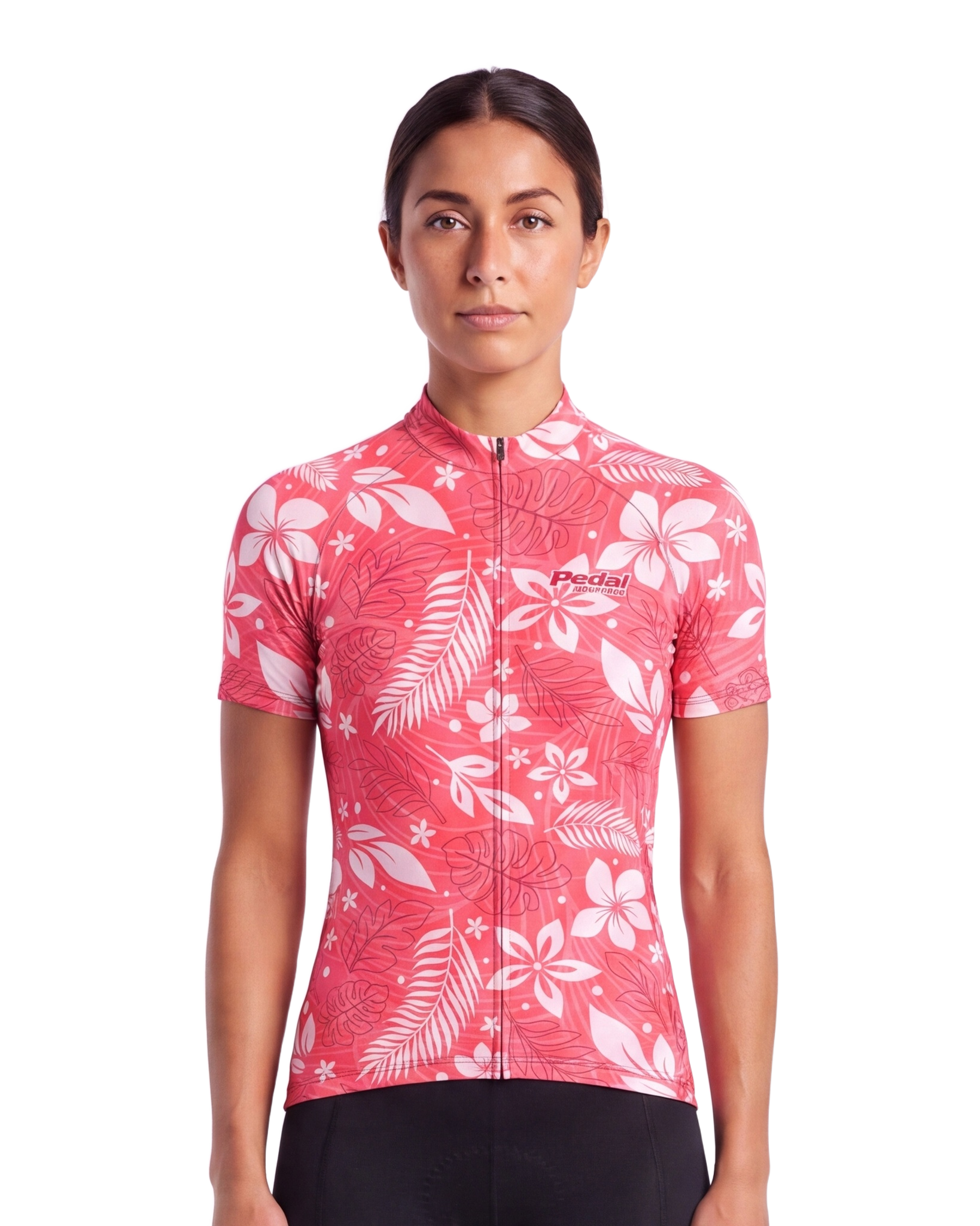 Watermelon Red Aloha Pedal WOMEN'S PRO JERSEY ISD - front, on model