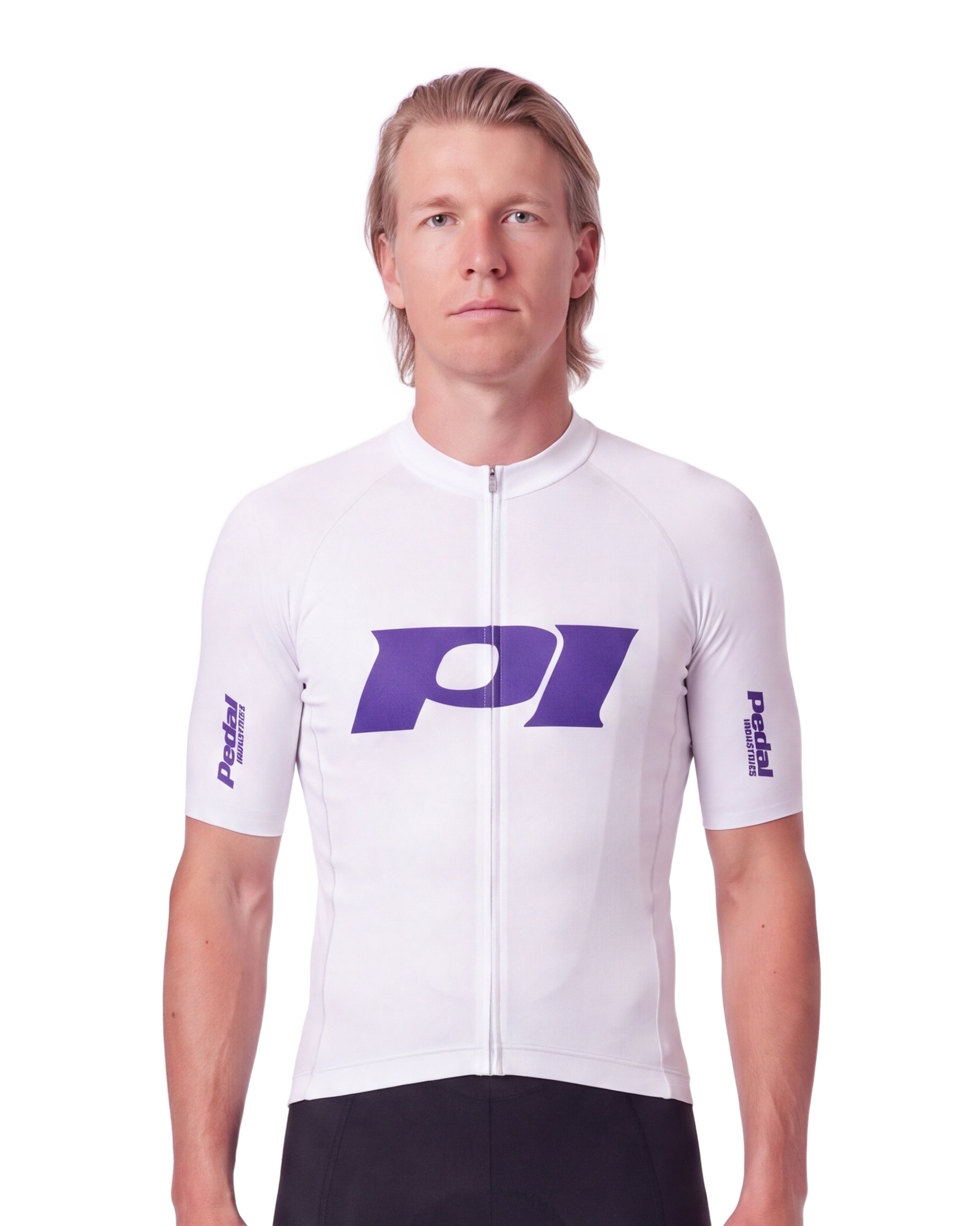 White-Blue PEDAL Insiders P/I RaceDay 2026 MEN'S PRO JERSEY ISD - front, on model