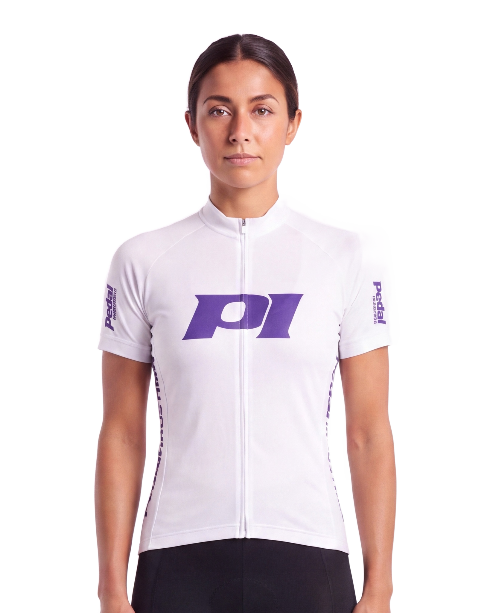 White-Blue PEDAL Insiders P/I Raceday WOMEN'S PRO JERSEY ISD - front, on model