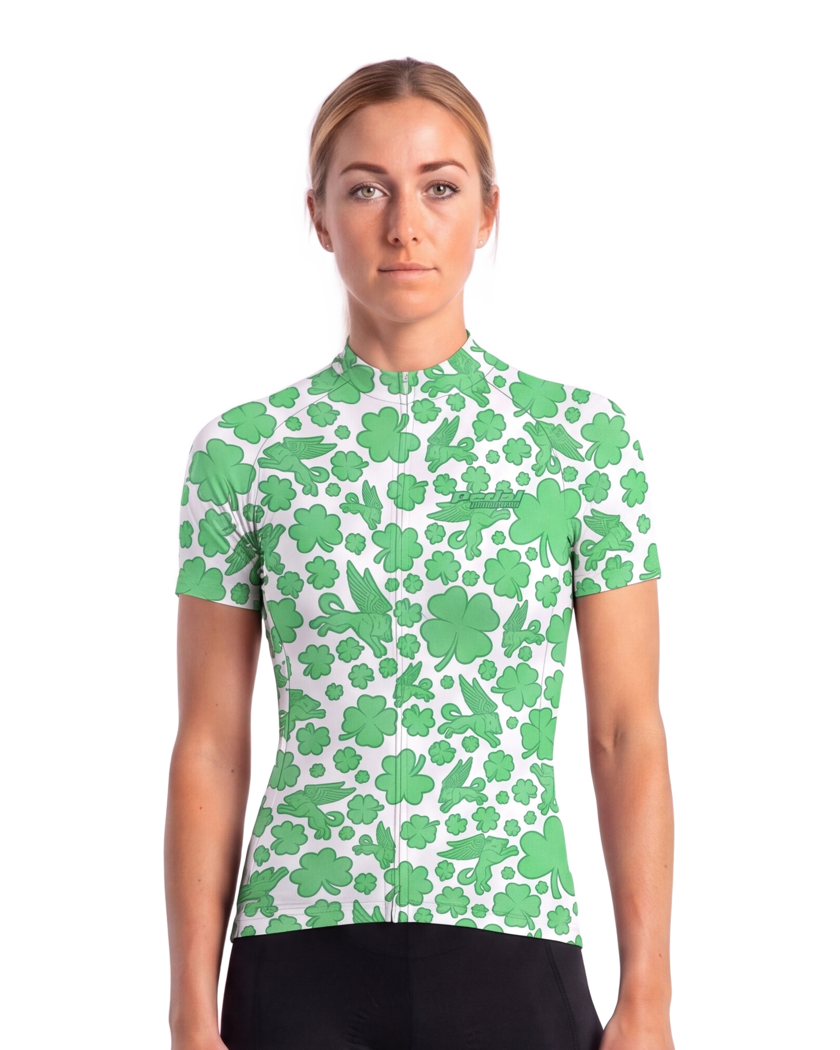 White Lucky Pedal WOMEN'S PRO JERSEY ISD - front, on model