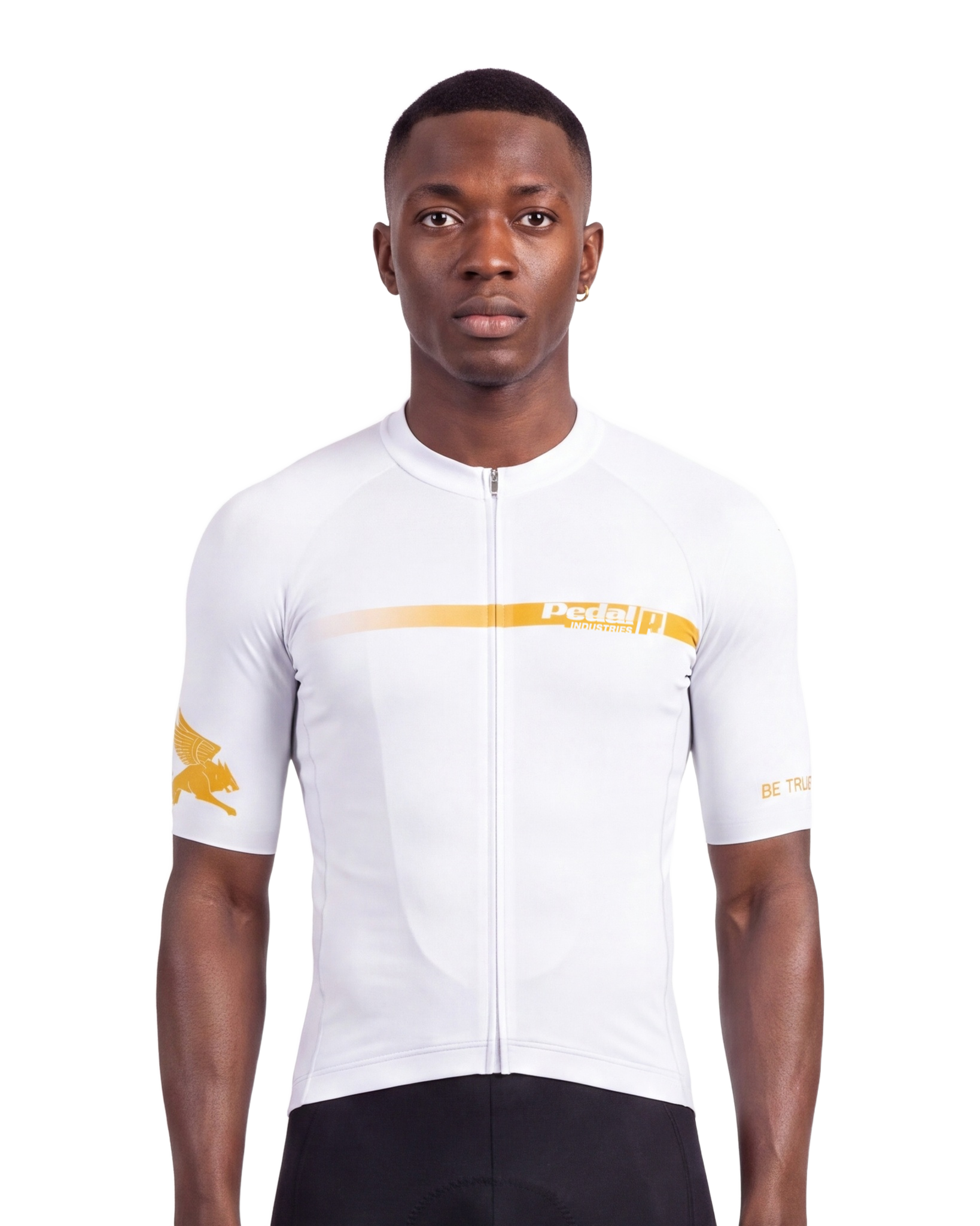 White with Gold Pedal R MENS PRO JERSEY ISD - front, on model