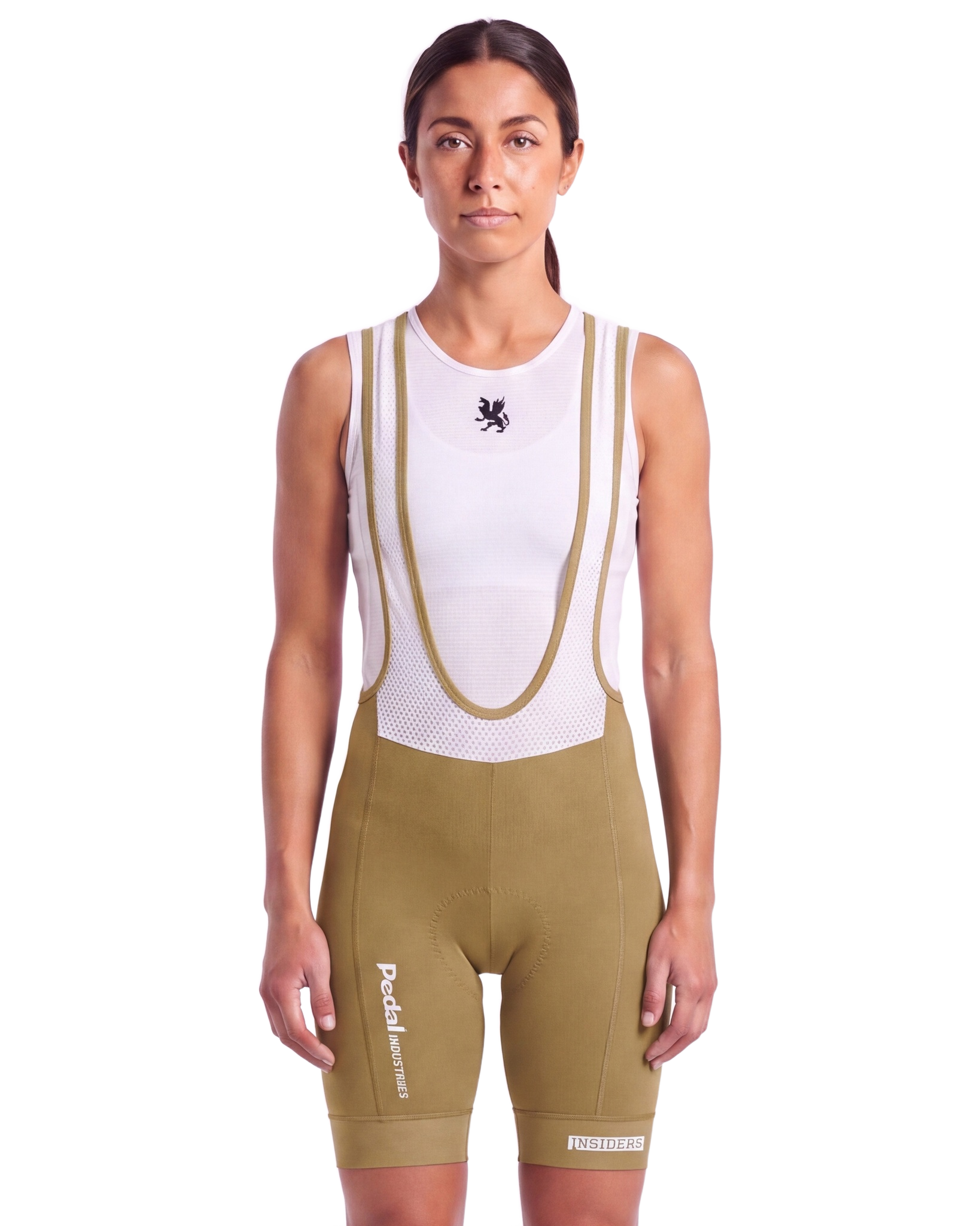 Yellow PEDAL Insiders 2027 WOMEN'S PRO BIB 2.5 ISD - front, on model