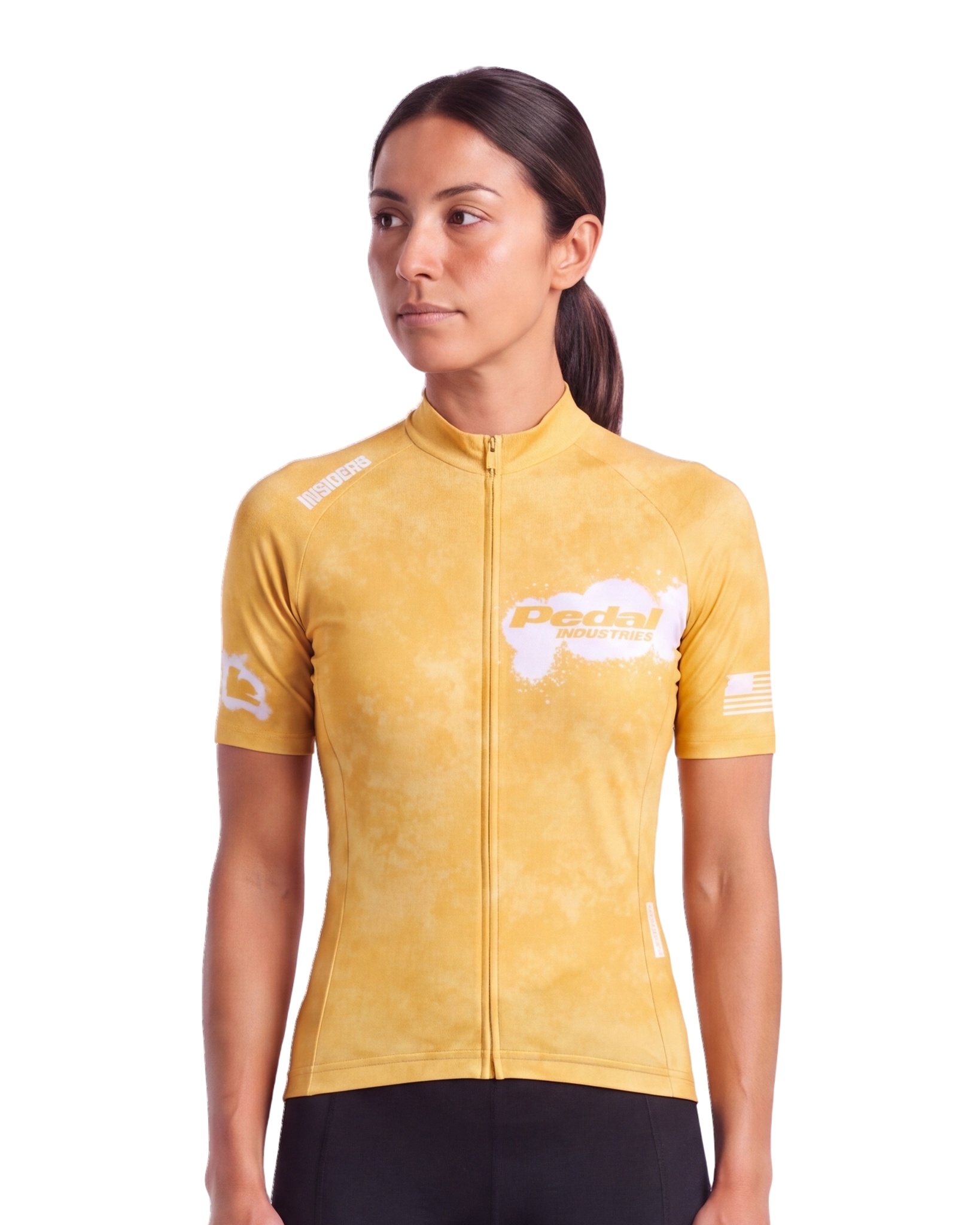 Yellow PEDAL Insiders 2027 WOMEN'S PRO JERSEY 2.5 ISD - front, on model